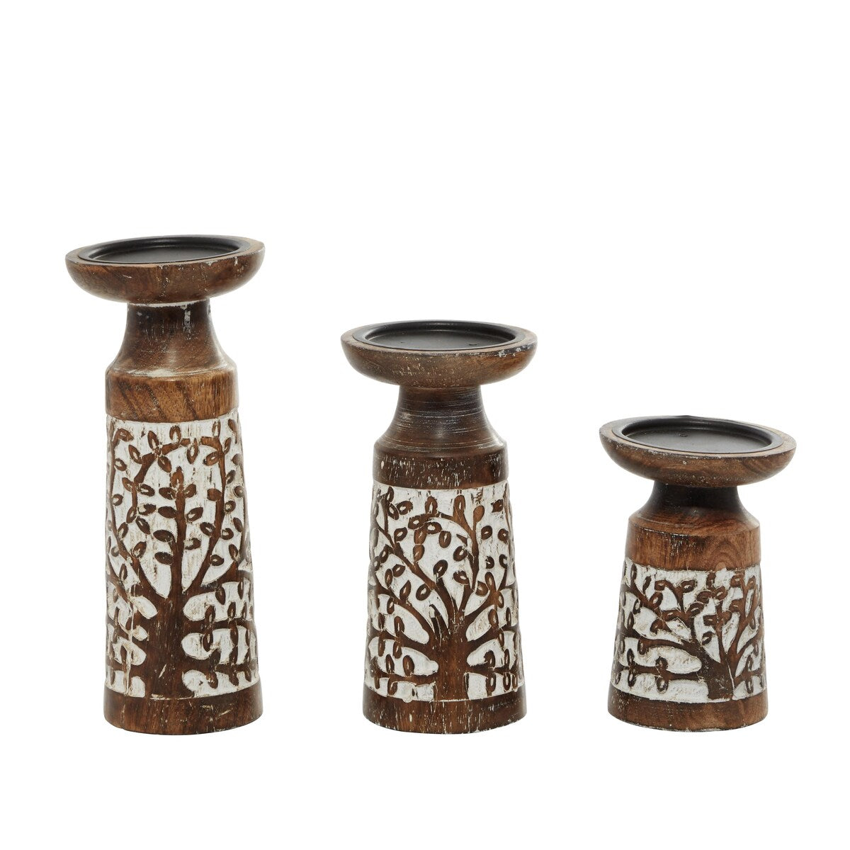 Mango Wood Handmade Carved Pillar Decorative Candle Holder - Set of 3 Light Brown or Brown - Roche River Decor