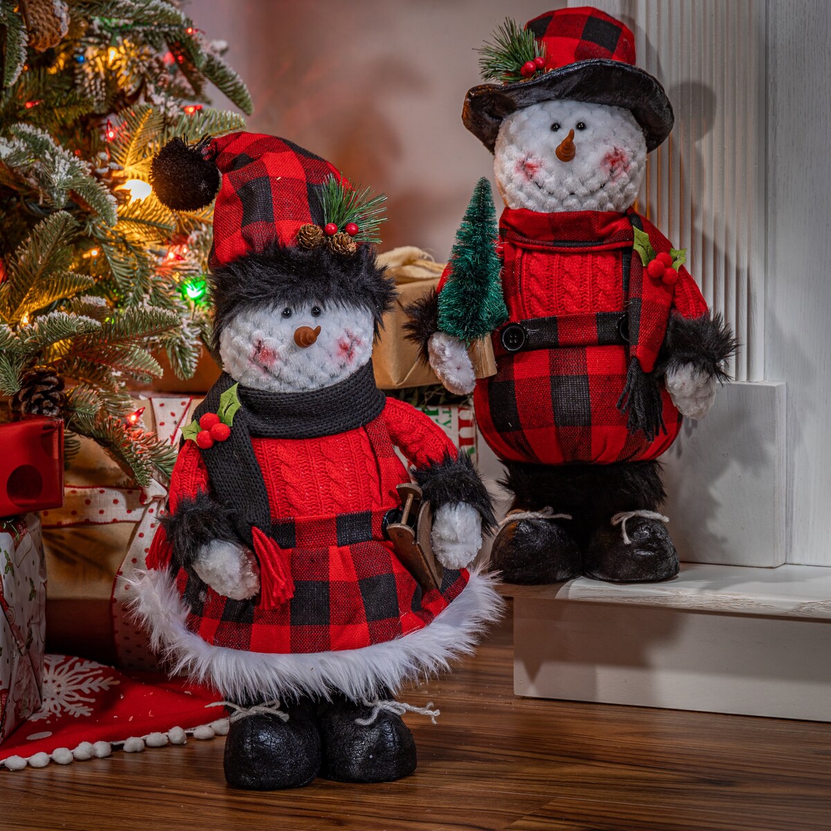 15 in. Plush Standing Holiday Snowman Figurine Set of 2