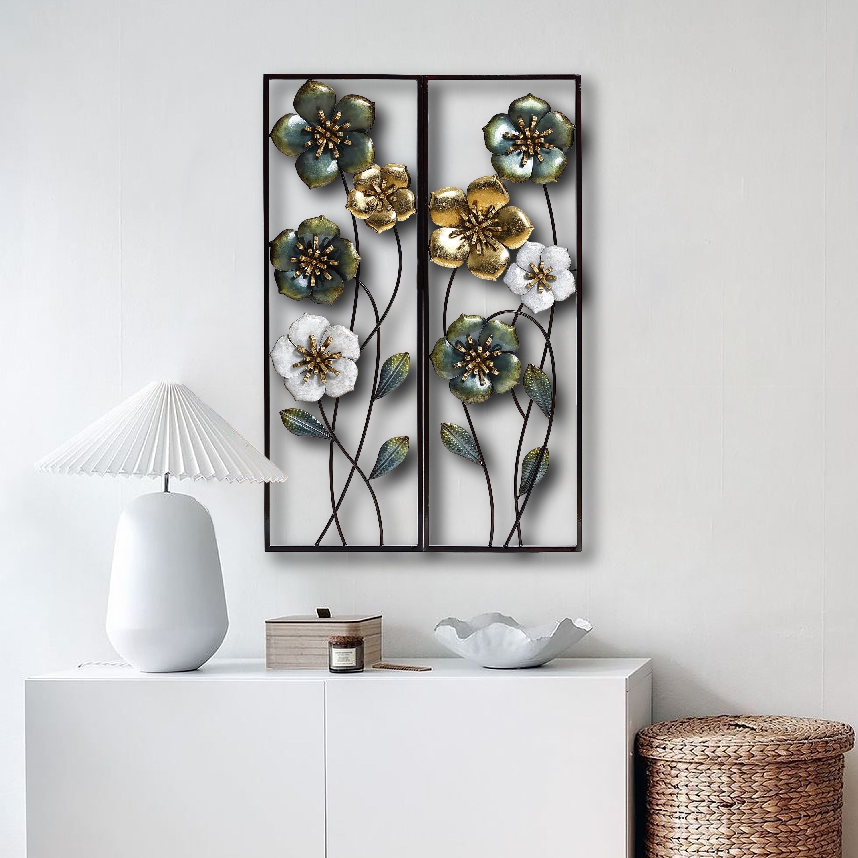 Metal Green, White, and Gold Wild Flowers Wall Decor (Set of 2)