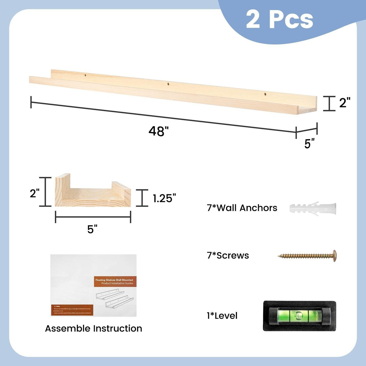 Solid Pine Wood Floating Ledge Shelves 2 Packs for Wall