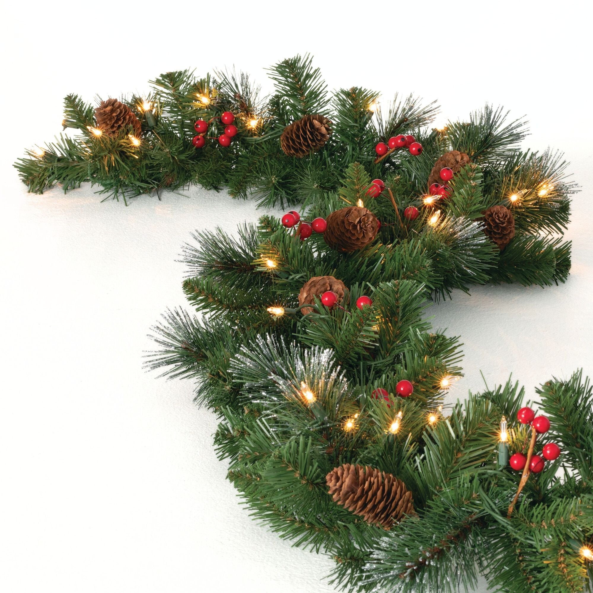 Sullivans Artificial 9' LED Mixed Pine Christmas Garland with Pinecones & Berries, Green, Indoor Christmas Decor