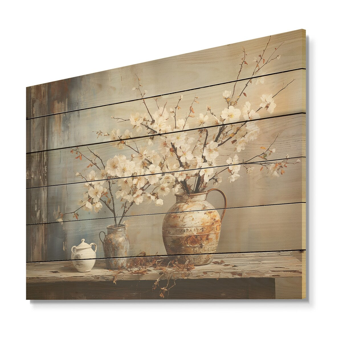 Designart Pottery And Flowers Still Life Trees Wood Wall Decor - Traditional Brown Wood Panel On Natural Pine Wood