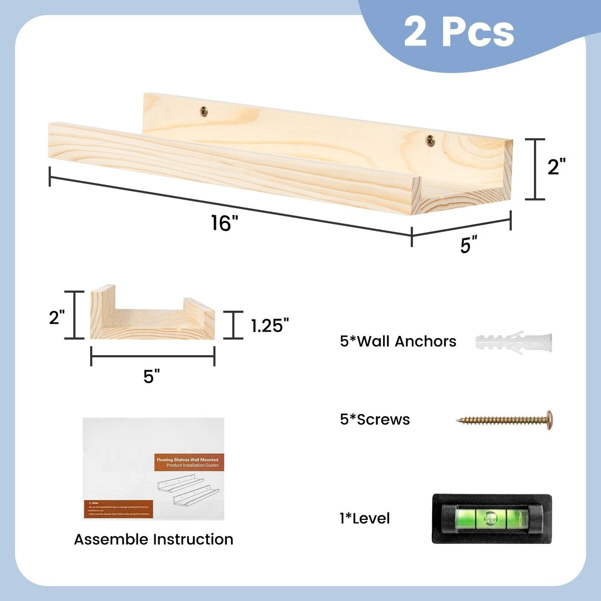 Solid Pine Wood Floating Ledge Shelves 2 Packs for Wall