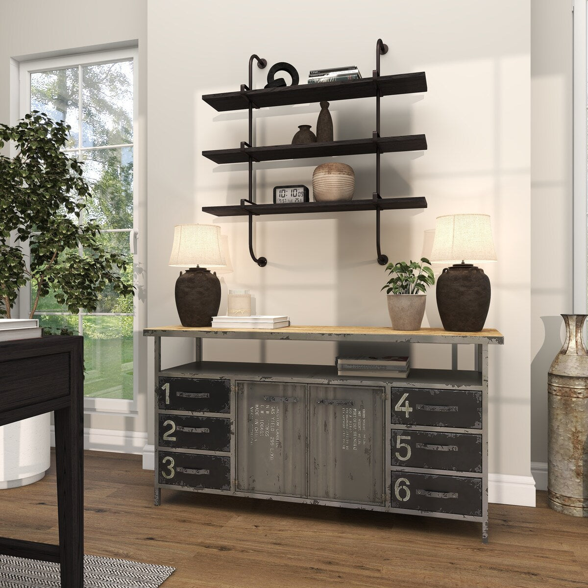 Wood 2 or 3 Level Wall Shelf with Black Metal Brackets - Brown or Gray - Roche River Decor