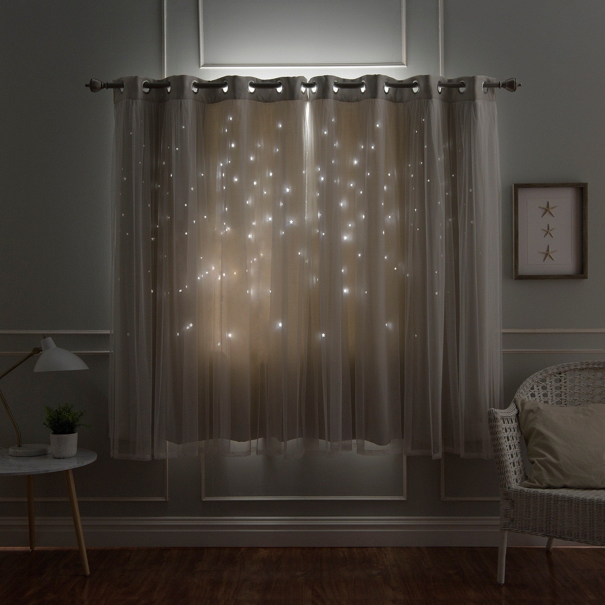 Aurora Home Star Punch Tulle Overlay Blackout Curtain Panel Pair