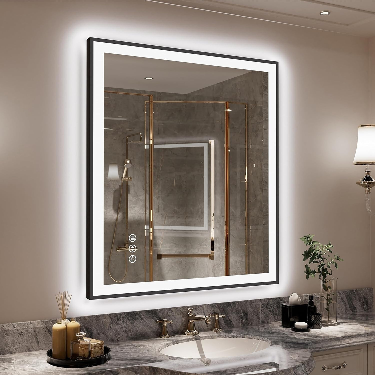 Apmir Metal Black Frame Back & Front LED Lighted Bathroom Vanity Mirror with Anti-Fog Tempered Glass