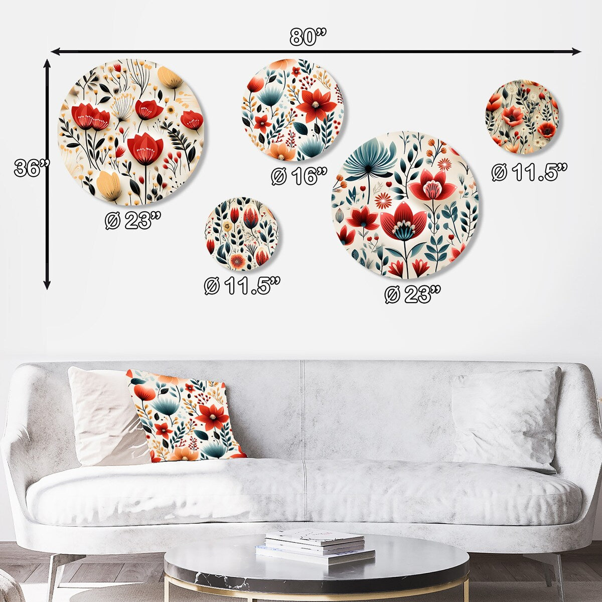 Designart Minimalist Modern Charm Floral Botanics II Floral Wall Art Set of 5 - Cottage Red Living Room Metal Art Set