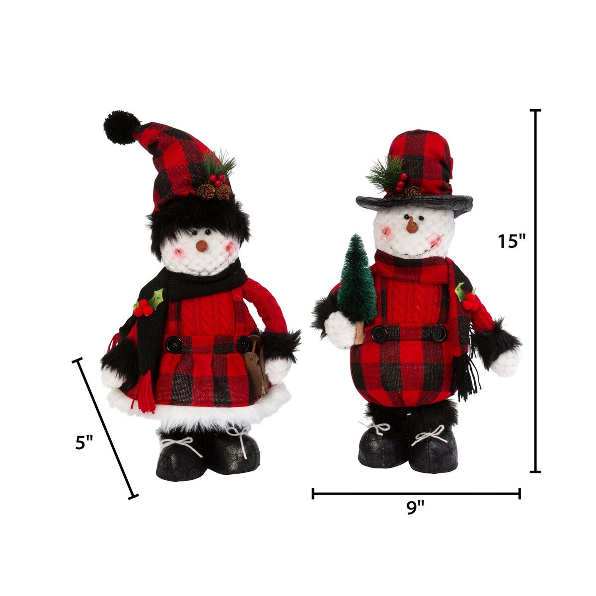 15 in. Plush Standing Holiday Snowman Figurine Set of 2