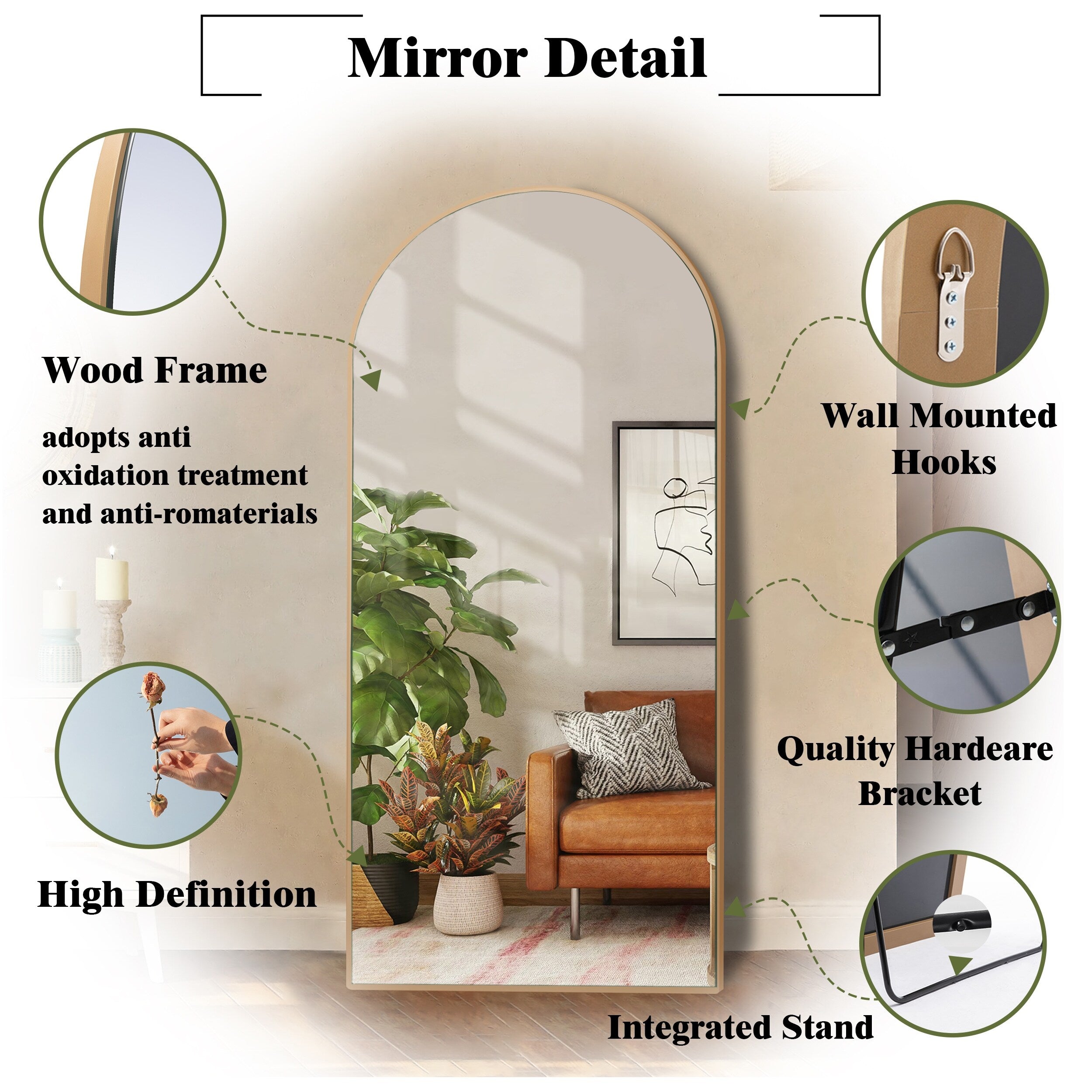 Modern Glam Arched-Top Full Length Floor Mirror Wood Frame with Stand