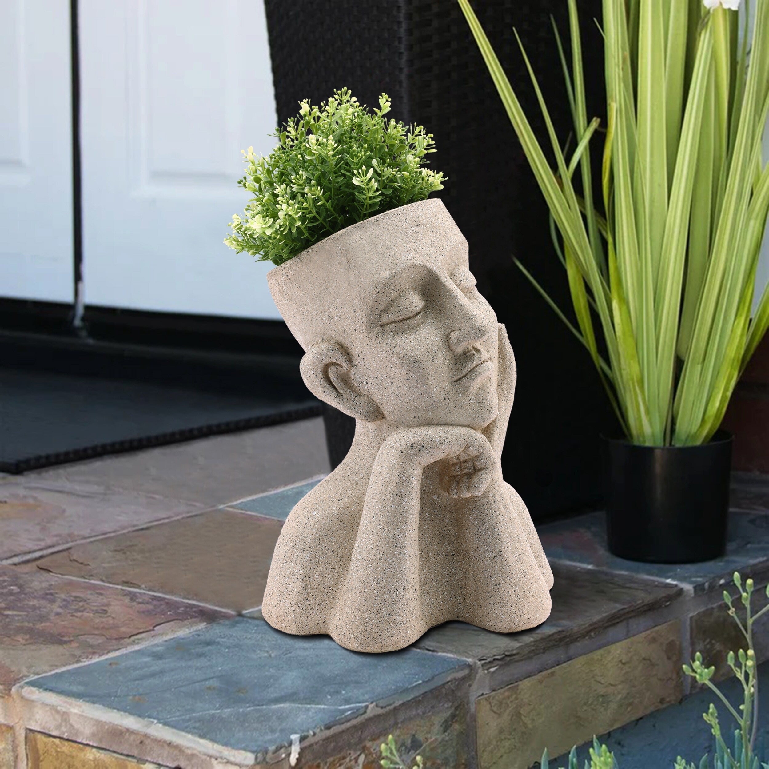 Speckled Beige Thoughtful Bust Head MgO Indoor/ Outdoor Statue Planter