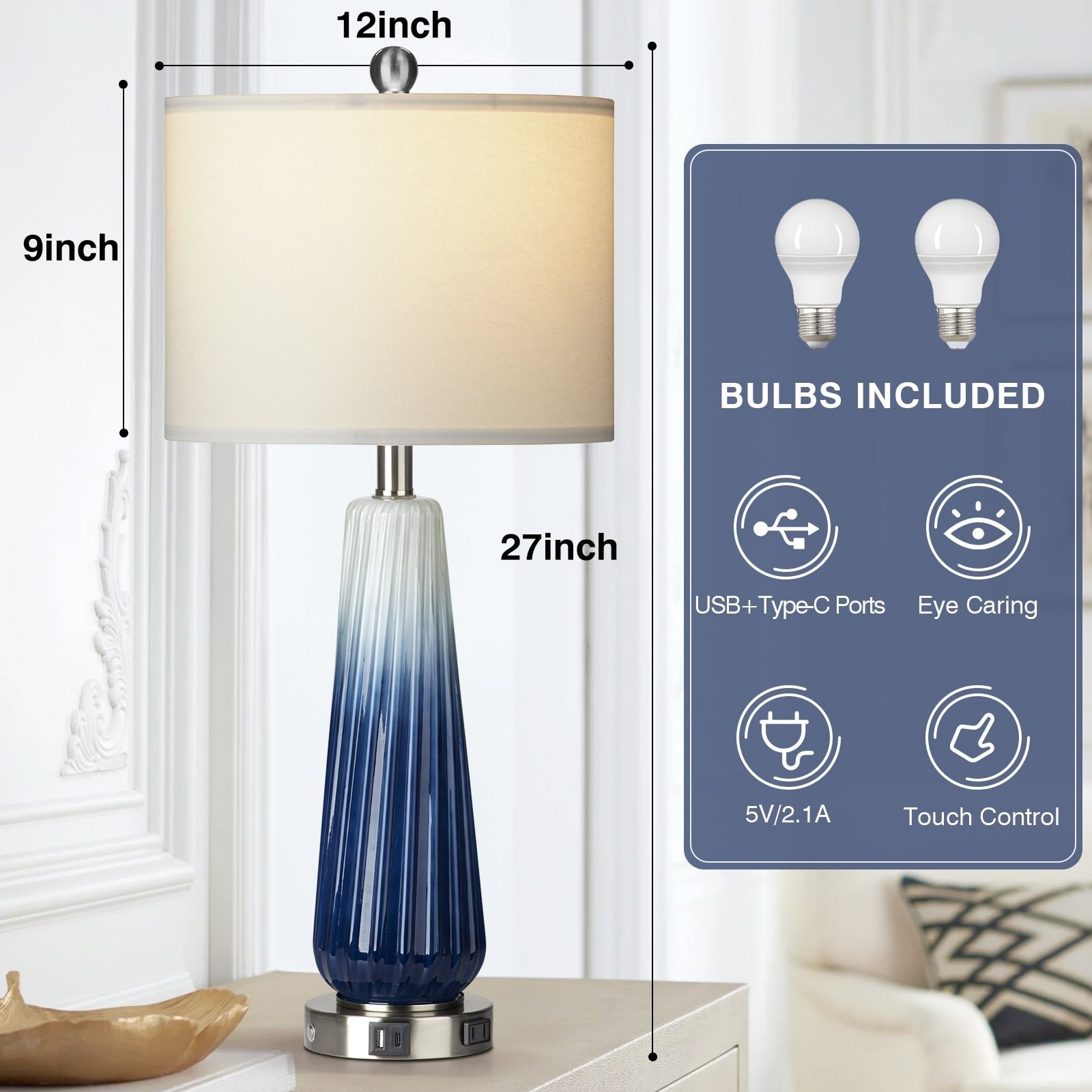 Table Lamps Nightlight 2in1 Glass Blue Ripple Style with Rotary Switch Touch Switch (Set of 2) - 12'' x 12'' x 27'' (L x W x H)