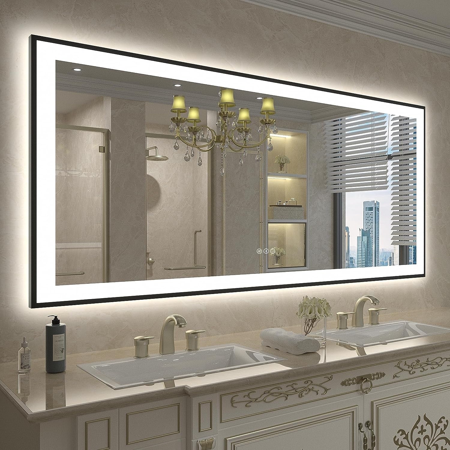 Apmir Metal Black Frame Back & Front LED Lighted Bathroom Vanity Mirror with Anti-Fog Tempered Glass