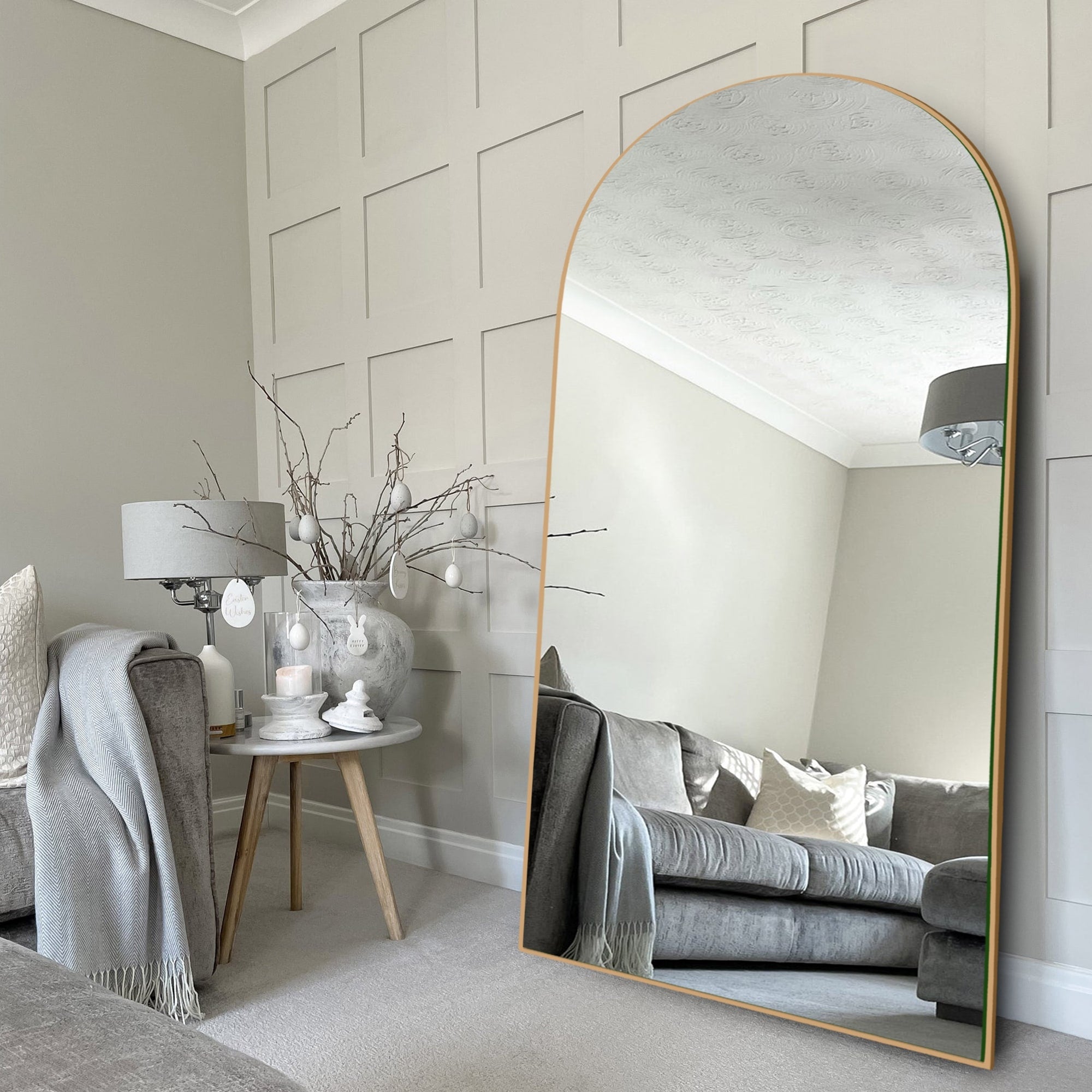 Modern Arched Full-Length Wood Floor Standing Mirror