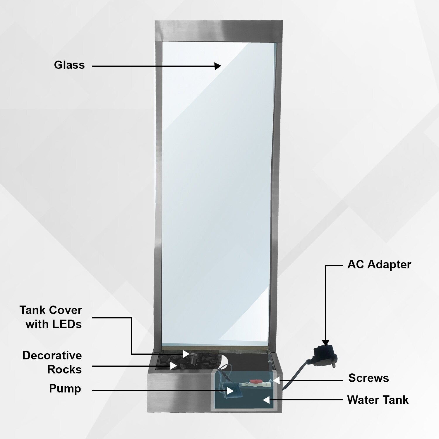 XBrand 72 Steel/Glass Free-Standing Mirror Waterfall Fountain w/ Pump, LED Lights and Rocks, Modern Mirror Fountain