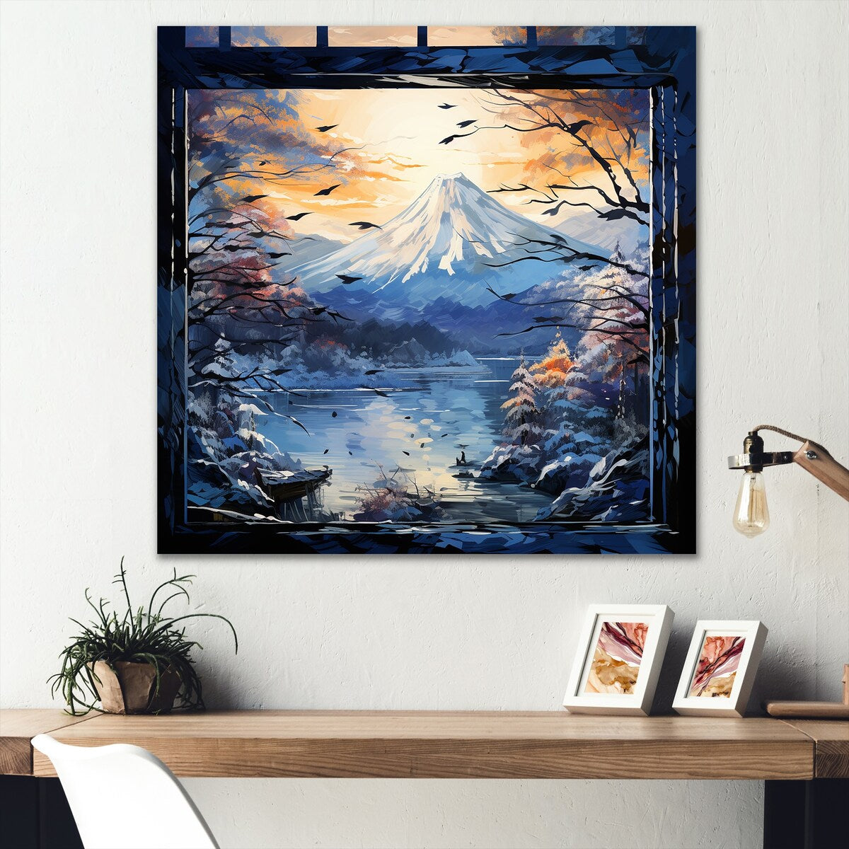 Designart Blue And Yellow Mount Fuji In Japan Japan Metal Wall Art - Blue Metal Wall Décor Traditional Metal Art Work