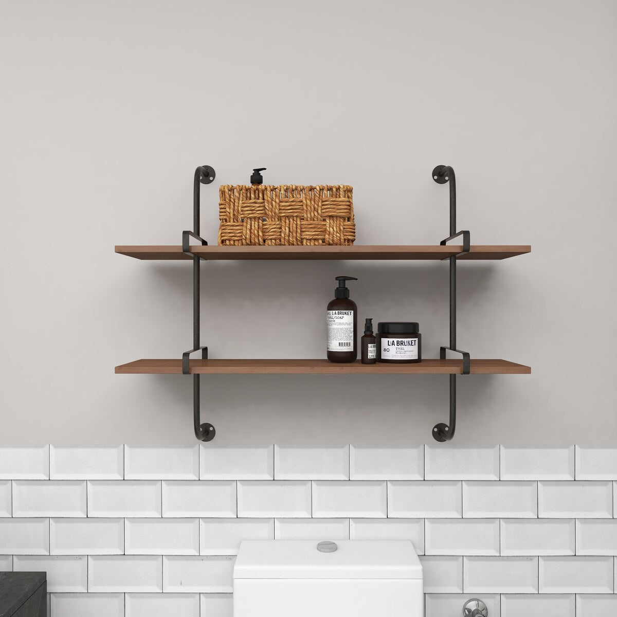 Wood 2 or 3 Level Wall Shelf with Black Metal Brackets - Brown or Gray - Roche River Decor