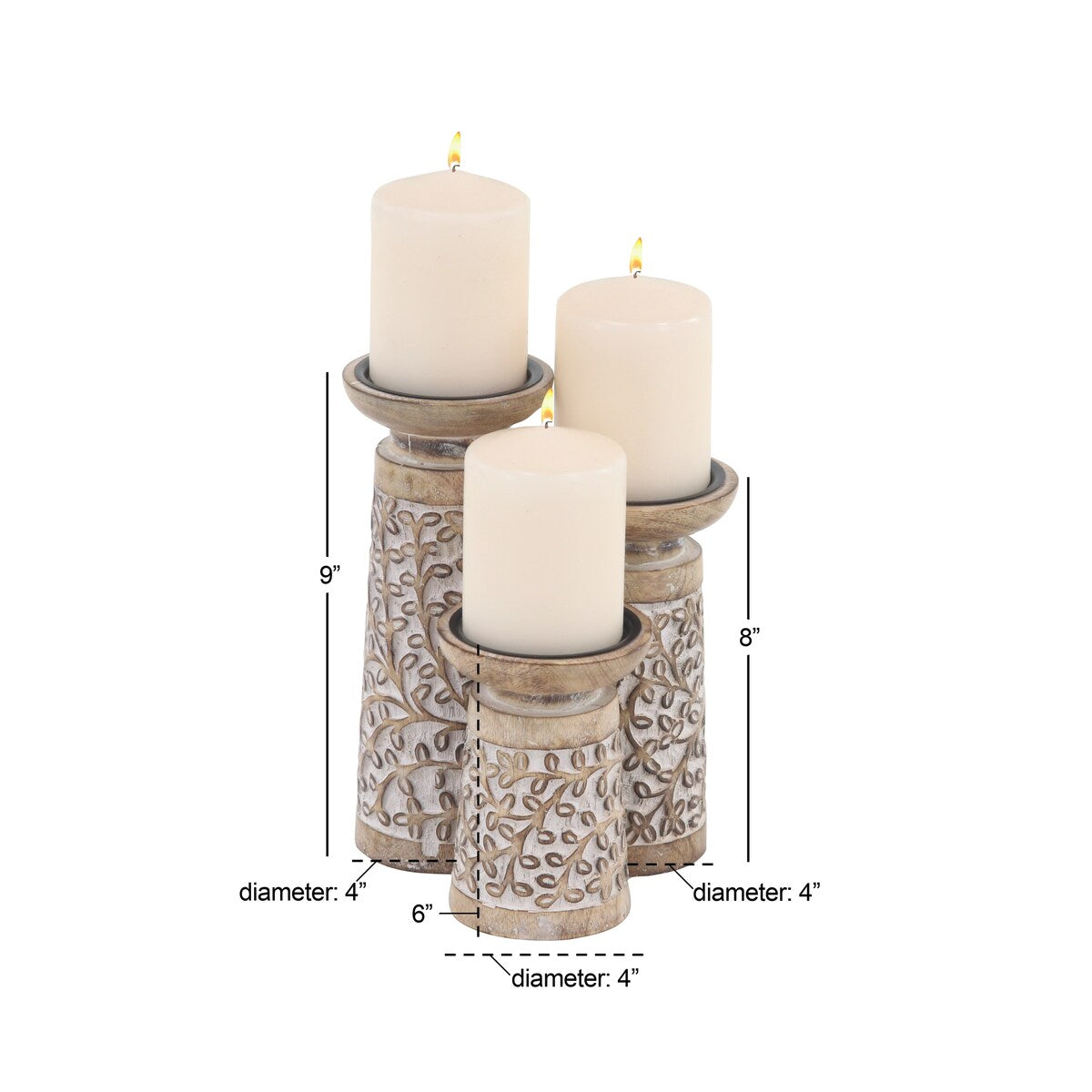 Mango Wood Handmade Carved Pillar Decorative Candle Holder - Set of 3 Light Brown or Brown - Roche River Decor