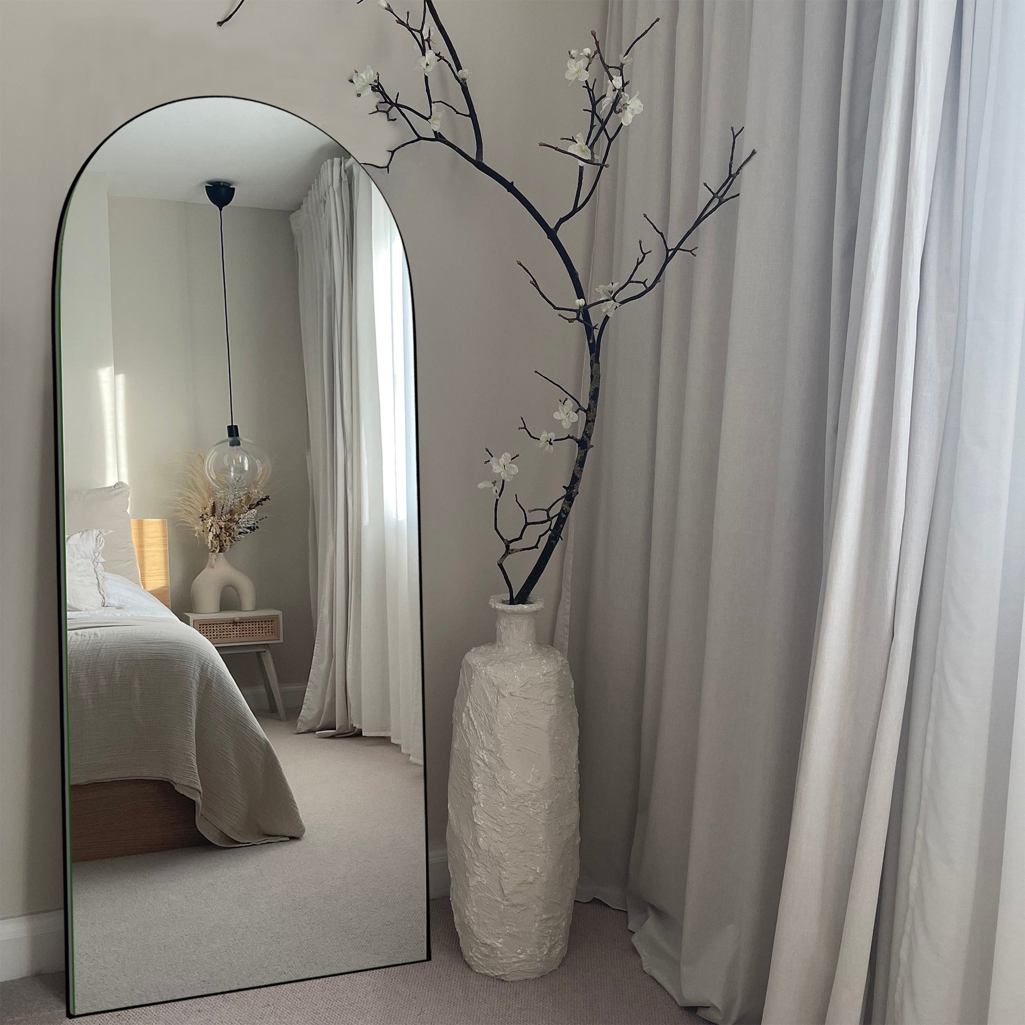 Modern Arched Full-Length Wood Floor Standing Mirror