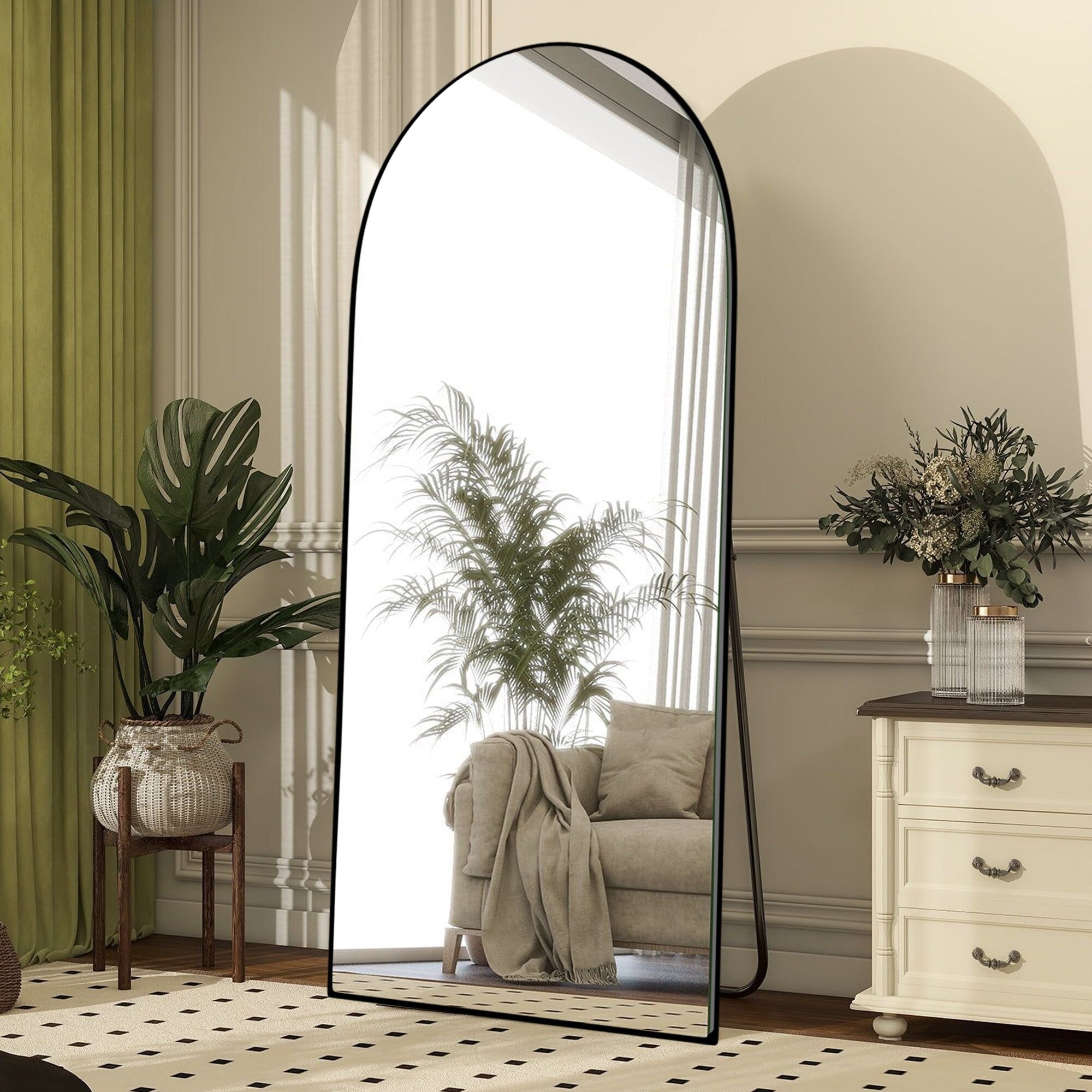 Modern Arched Full-Length Wood Floor Standing Mirror