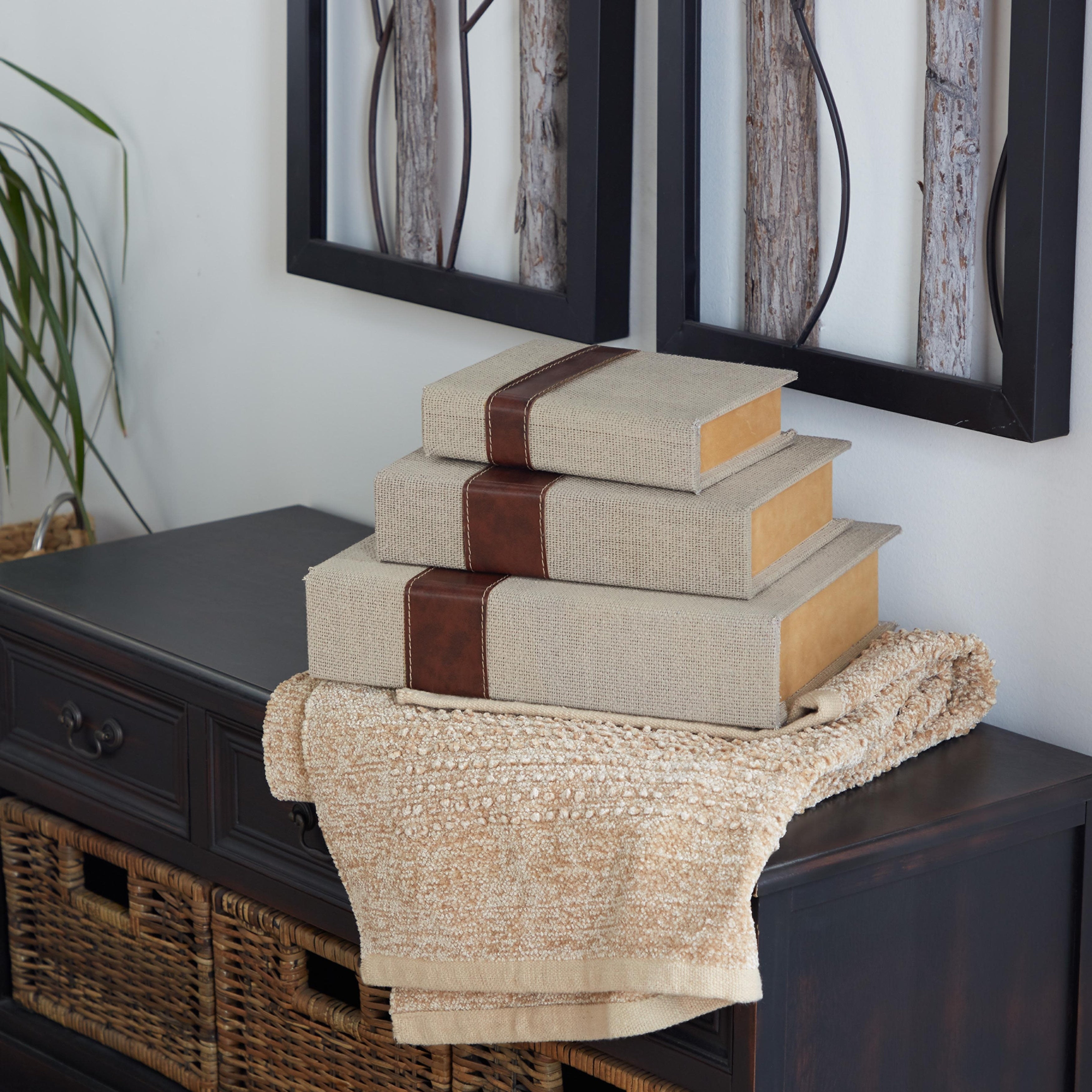 Linen Leather or Wooden Fabric Storage Book Decorative Box - Set of 3 or 4 Multi Colored - Roche River Decor