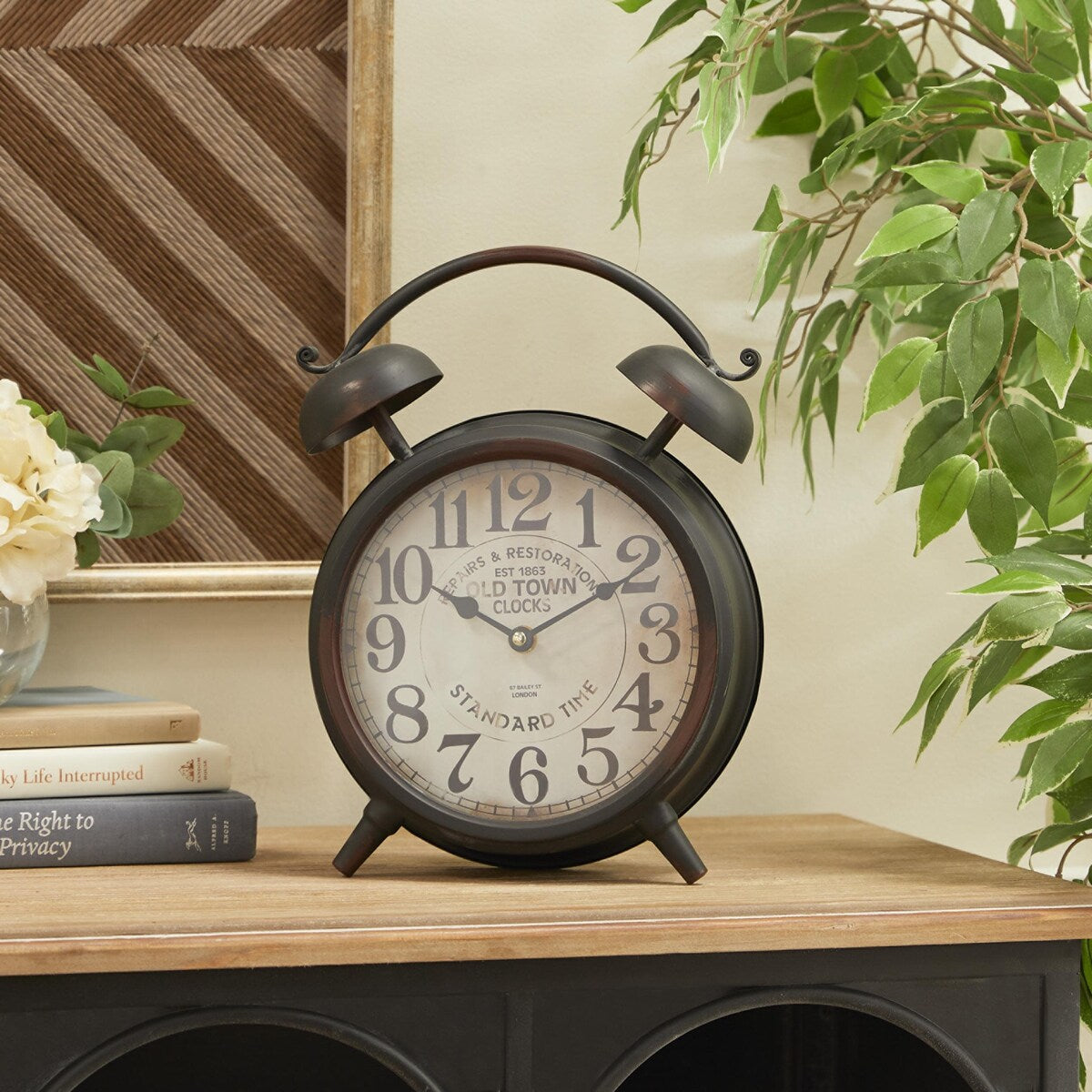 Metal Decorative Clock with Bell Style Top - Brown or Black - Roche River Decor