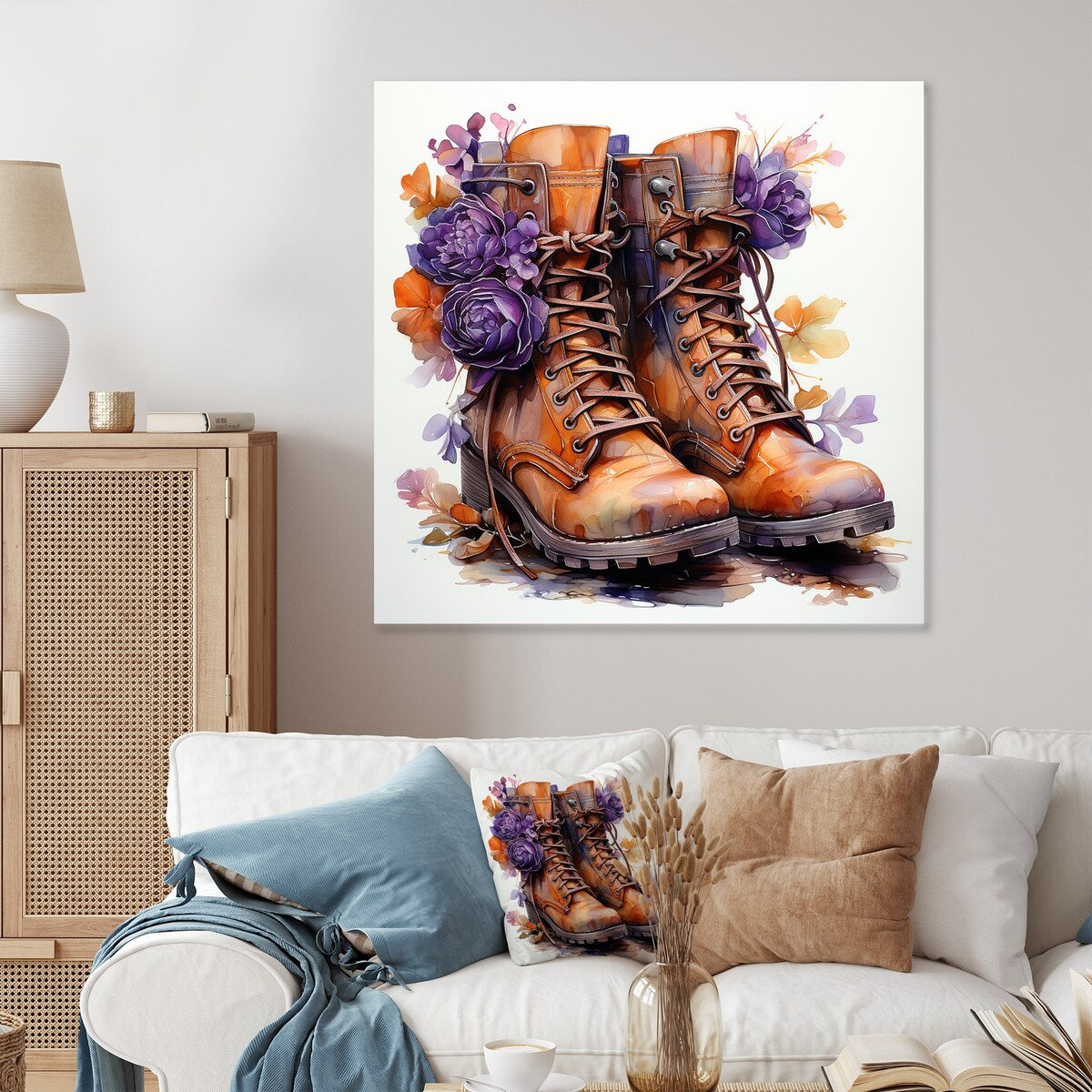 Designart Brown And Purple Flower Farm Boots Cowboys Metal Wall Art - Purple Metal Wall Décor Modern Metal Art Work