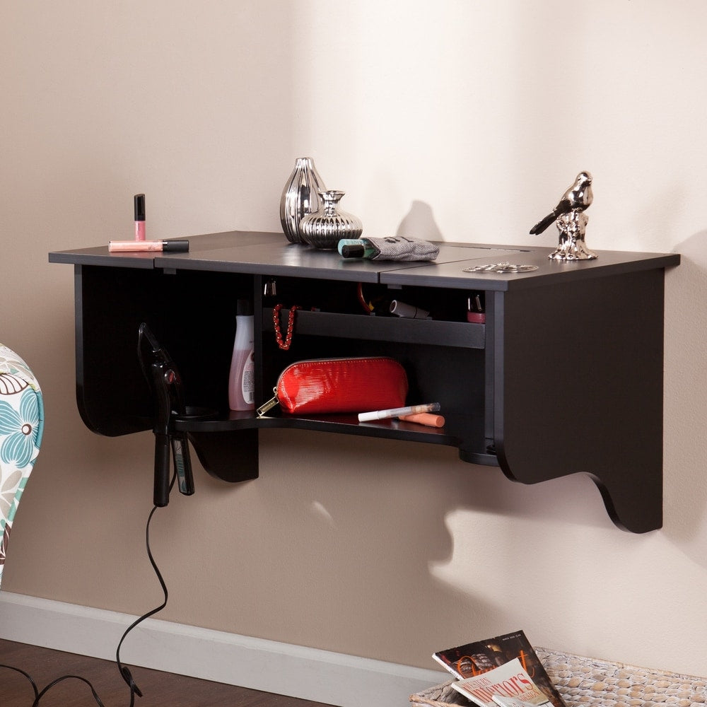 SEI Furniture Black Wall Mounted ledge with Vanity Mirror