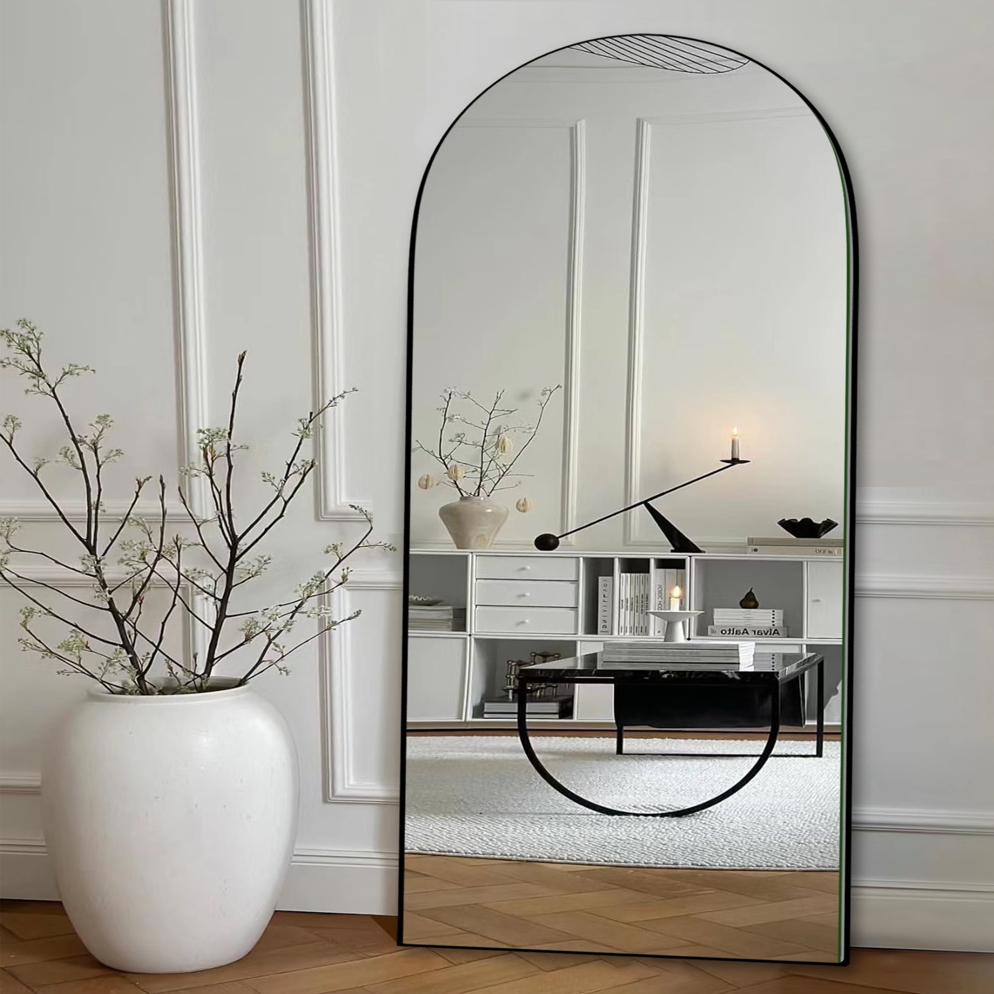 Modern Arched Full-Length Wood Floor Standing Mirror