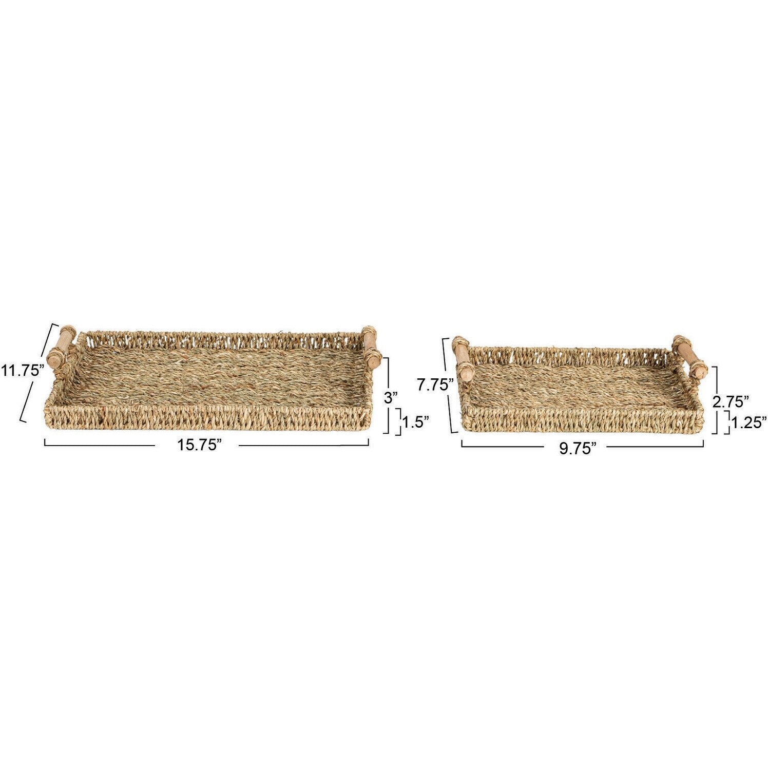 Household Essentials Handwoven Seagrass Tray Set with Wood Handles, Set of 2 - 15.7L x 9.8W x 3.1H