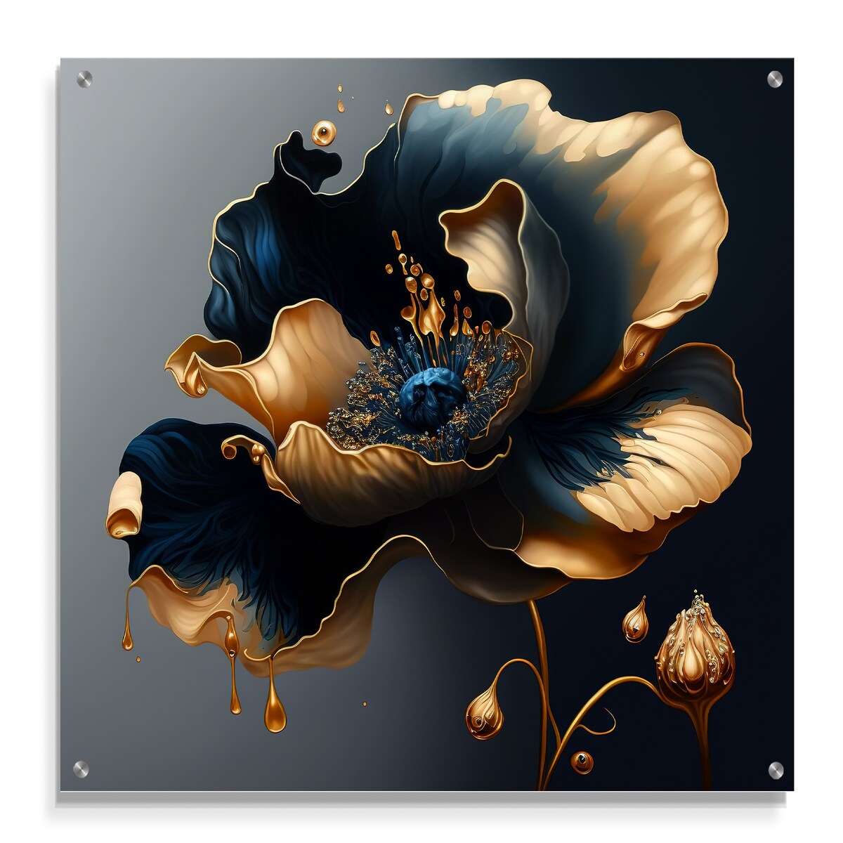 Designart Deep Blue And Gold Single Flower II Floral Gloss Wall Decor Blue - Traditional Acrylic Wall Art Decor