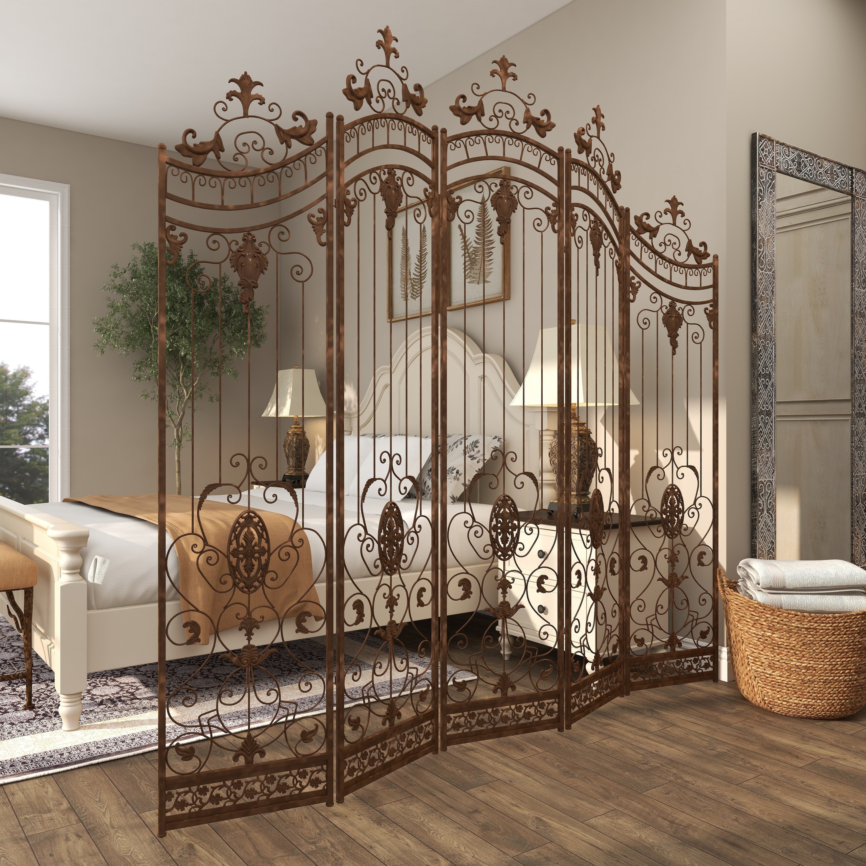 Metal Hinged Foldable Arched Partition 5 Panel Room Divider Screen with Relief Acanthus Design - Bronze - Roche River Decor