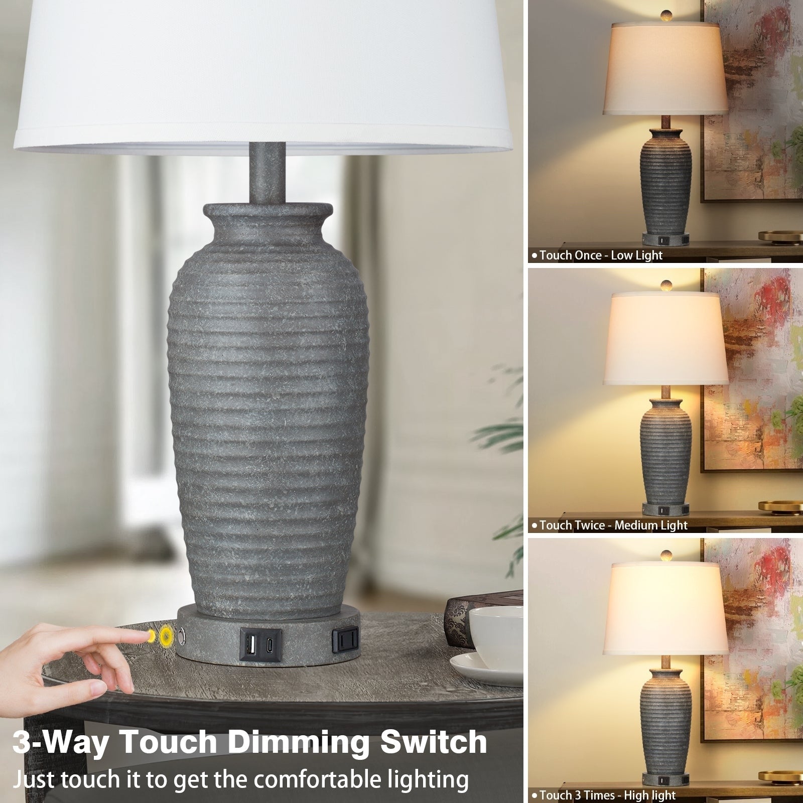 Table Lamp Gray-white Resin Touch Dimming Switch USB and Type C Charging Ports No Strobe (Set of 2)