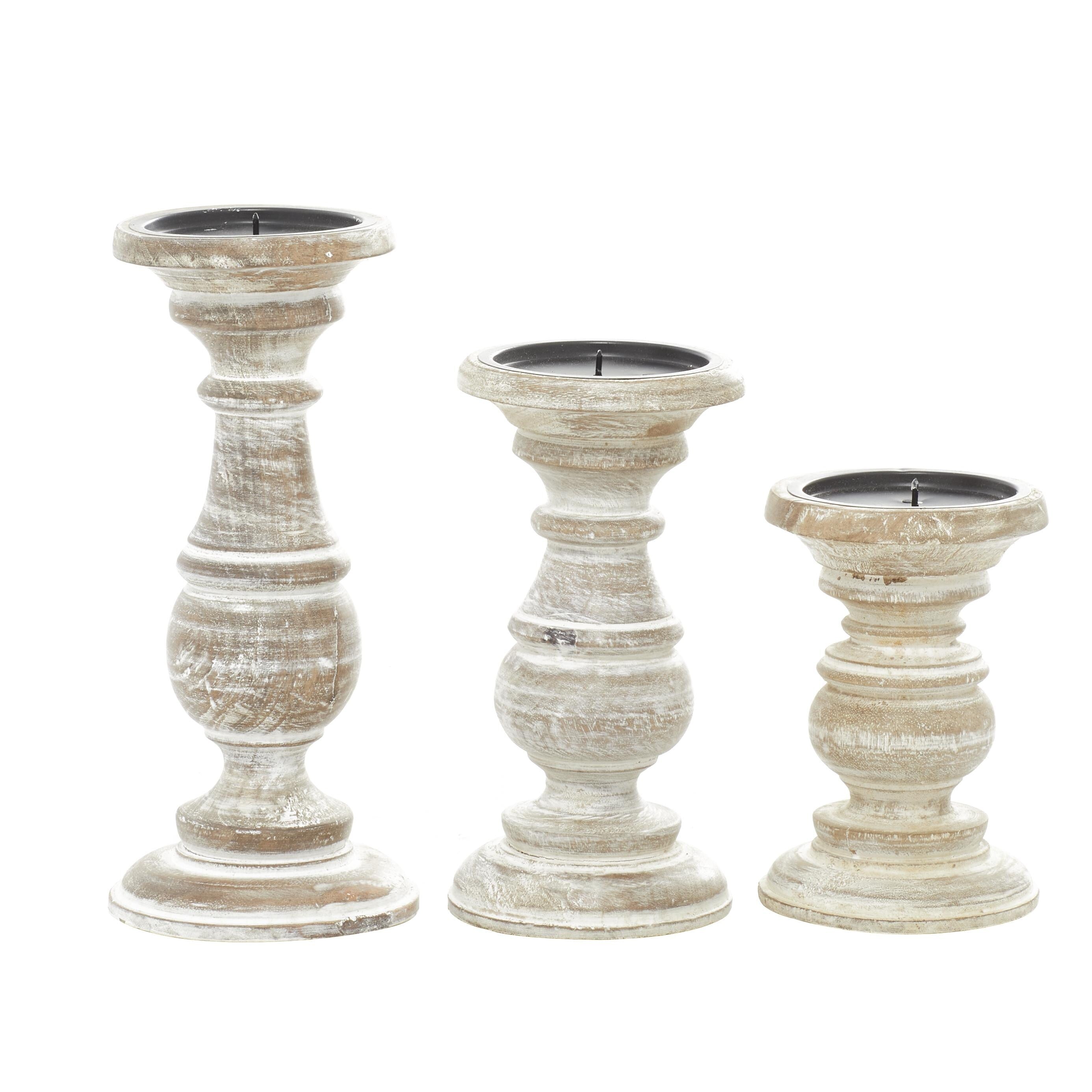 Mango Wood Turned Style Pillar Candle Holder (Set of 3) - White, Brown, Gold, Black, Light Blue, Cream, Silver