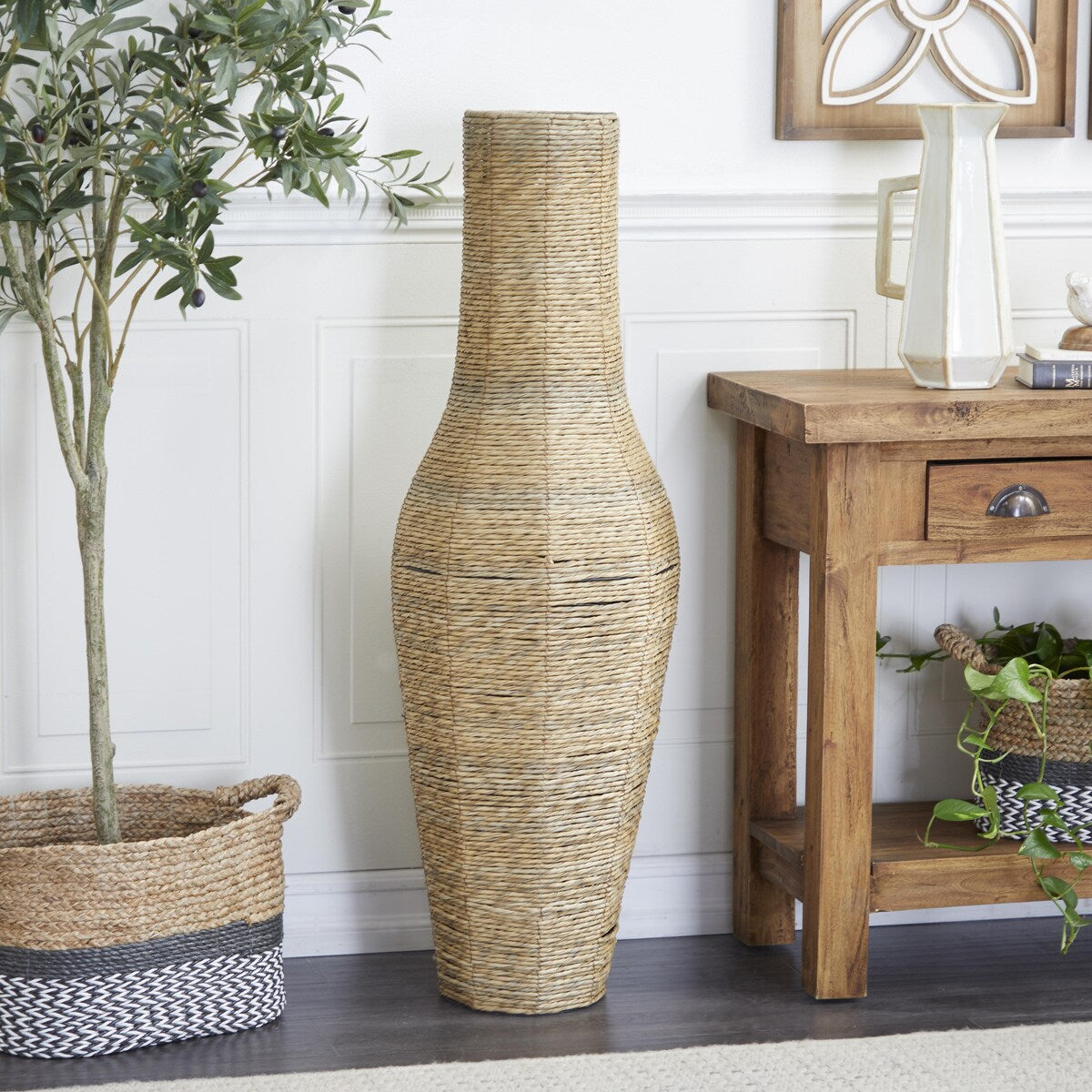 Faux Seagrass Handmade Tall Woven Floor Decorative Vase - Brown - Roche River Decor