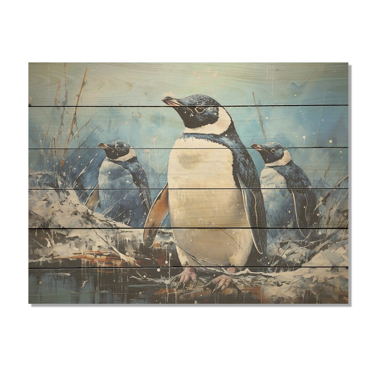 Designart Snowy Penguin Family Wonders I Penguin Wood Wall Decor - Modern Blue Wood Panel On Natural Pine Wood