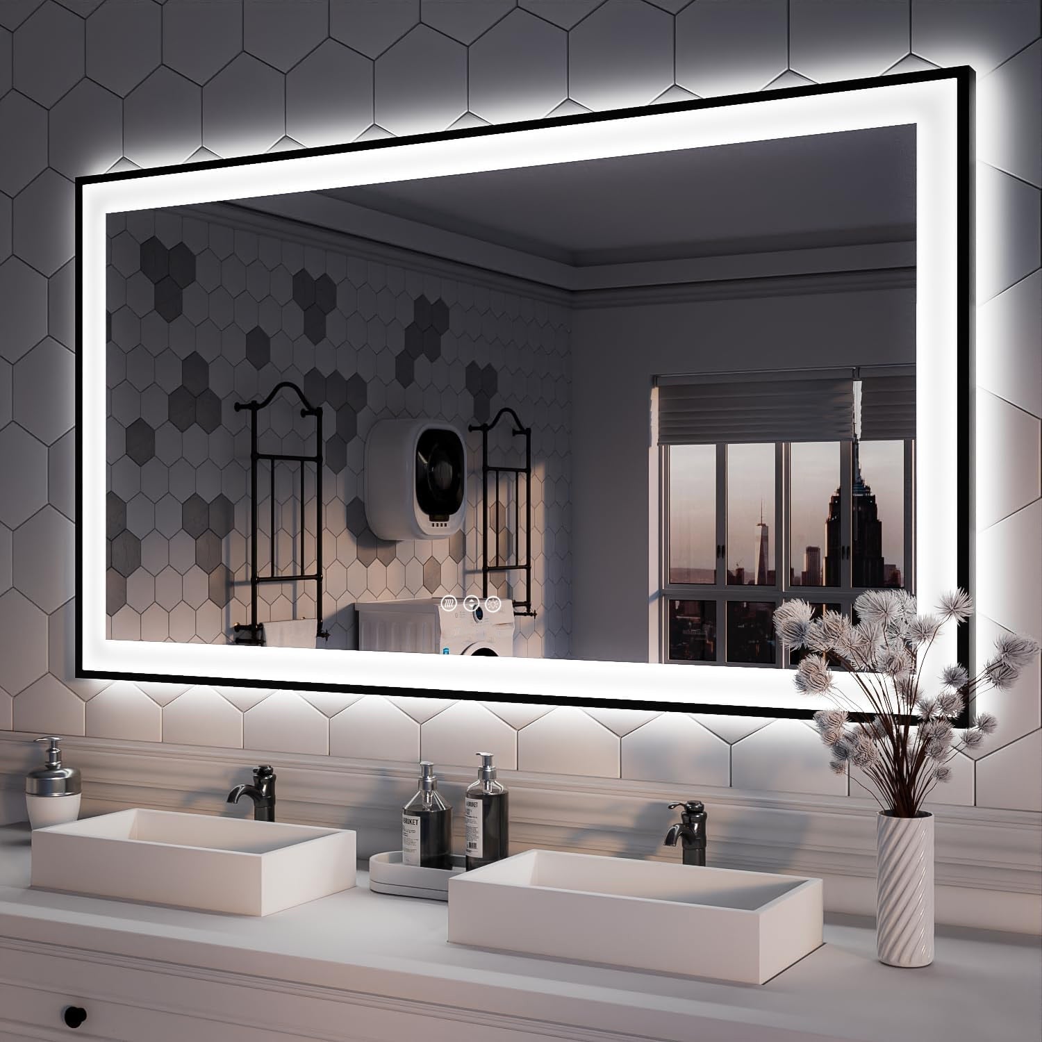 Apmir Metal Black Frame Back & Front LED Lighted Bathroom Vanity Mirror with Anti-Fog Tempered Glass