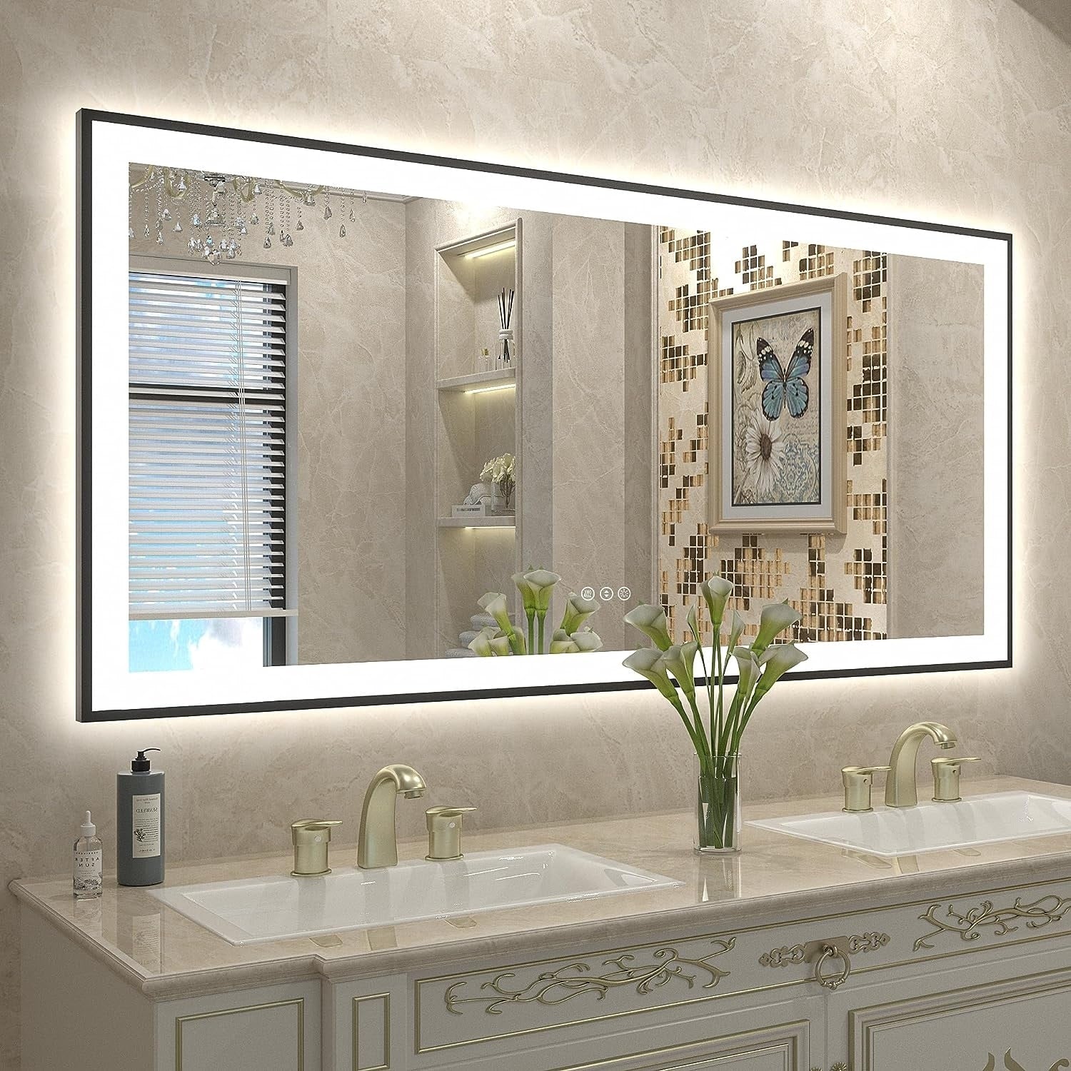 Apmir Metal Black Frame Back & Front LED Lighted Bathroom Vanity Mirror with Anti-Fog Tempered Glass