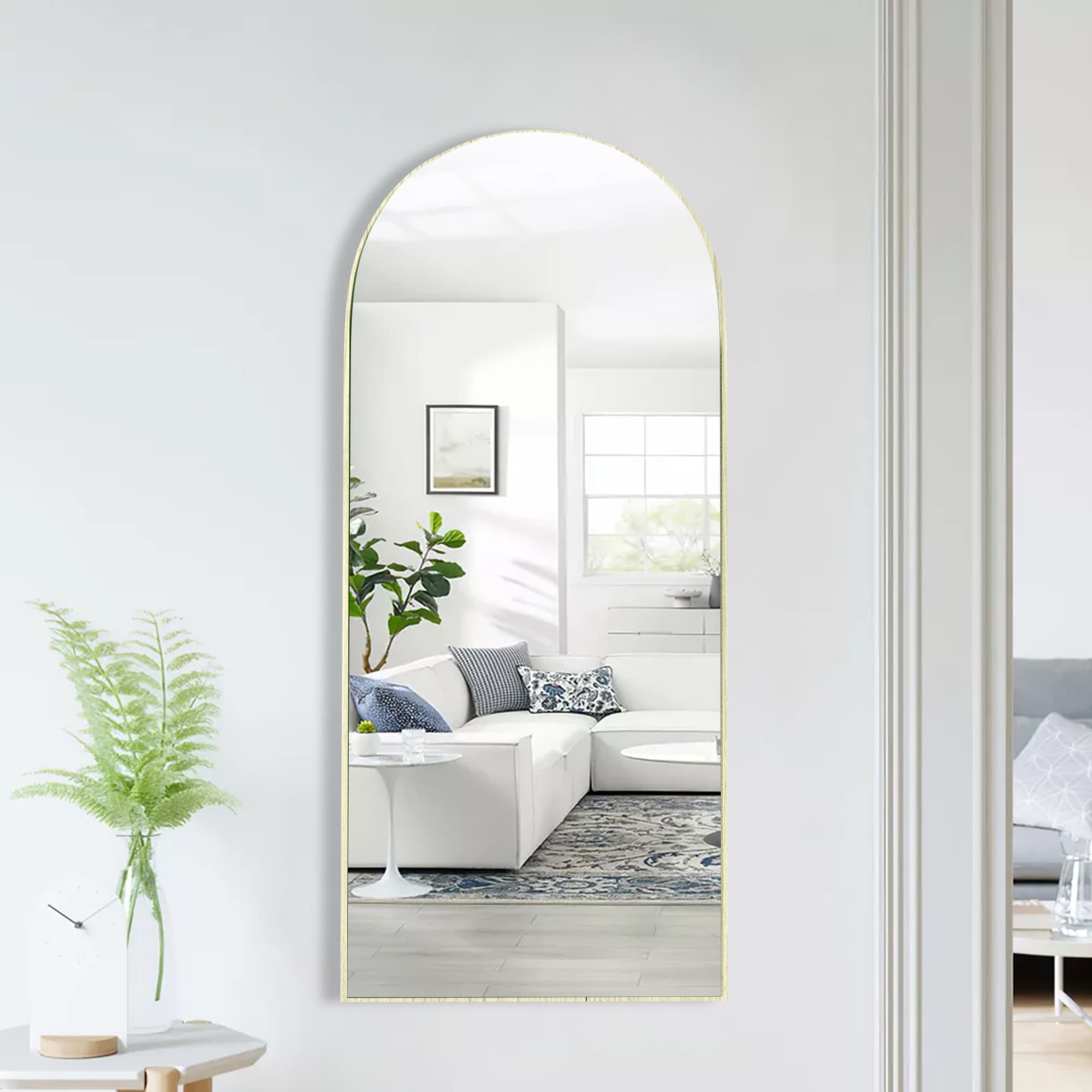 Modern Arched Full-Length Wood Floor Standing Mirror