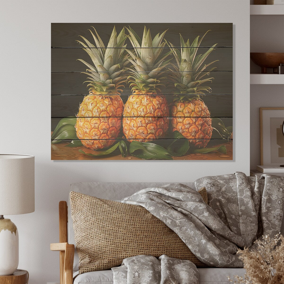 Designart Sweet Pinapple Juicy Delight Pineapples Wood Wall Decor Traditional Green Wood Panel On Natural Pine Wood