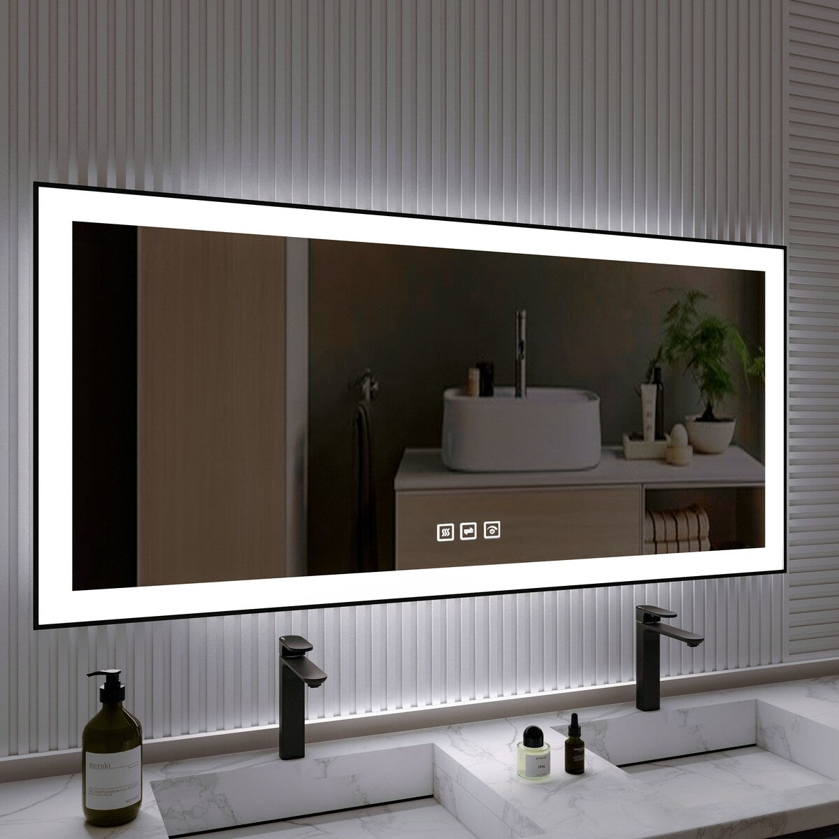 Organnice Rectangular Framed LED Anti-Fog Bathroom Wall Mirror in Black with Backlit and Front Light