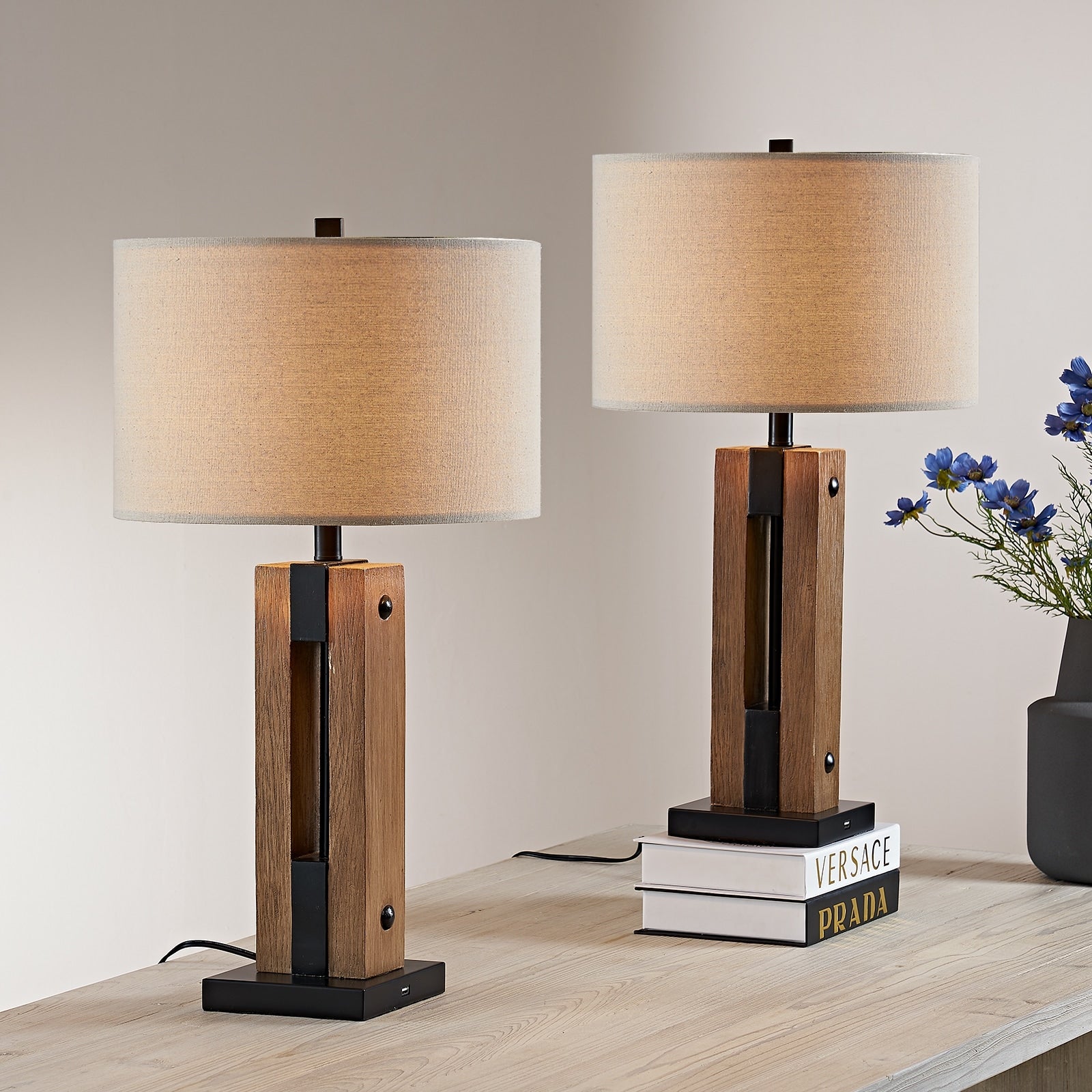 28 Brown/Black Table Lamp Set with USB (Set of 2)