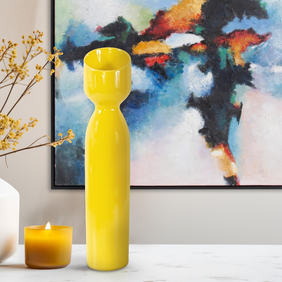 Allan Andrews Contemporary Glossy Yellow Slanted Top Ceramic Vase