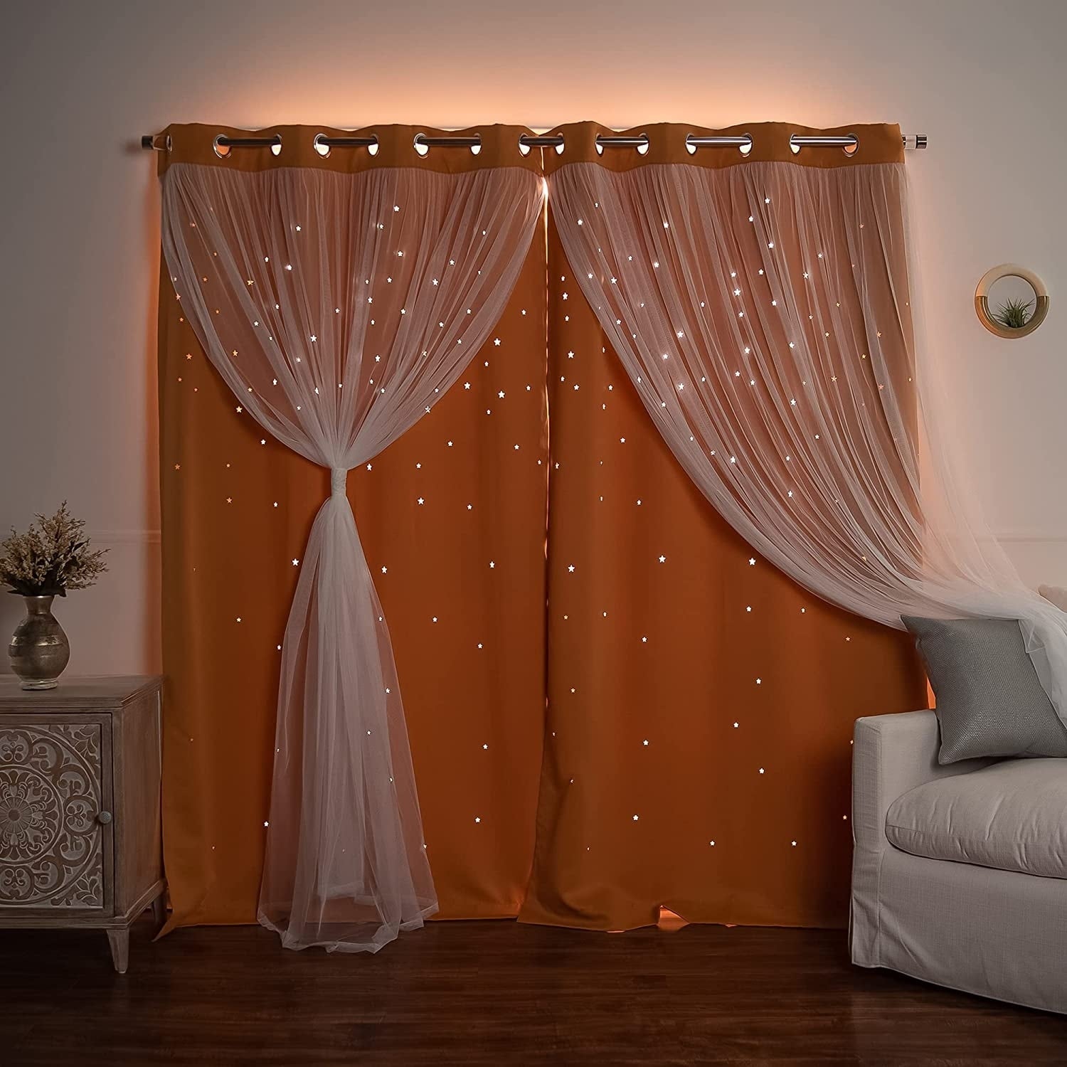 Aurora Home Star Punch Tulle Overlay Blackout Curtain Panel Pair