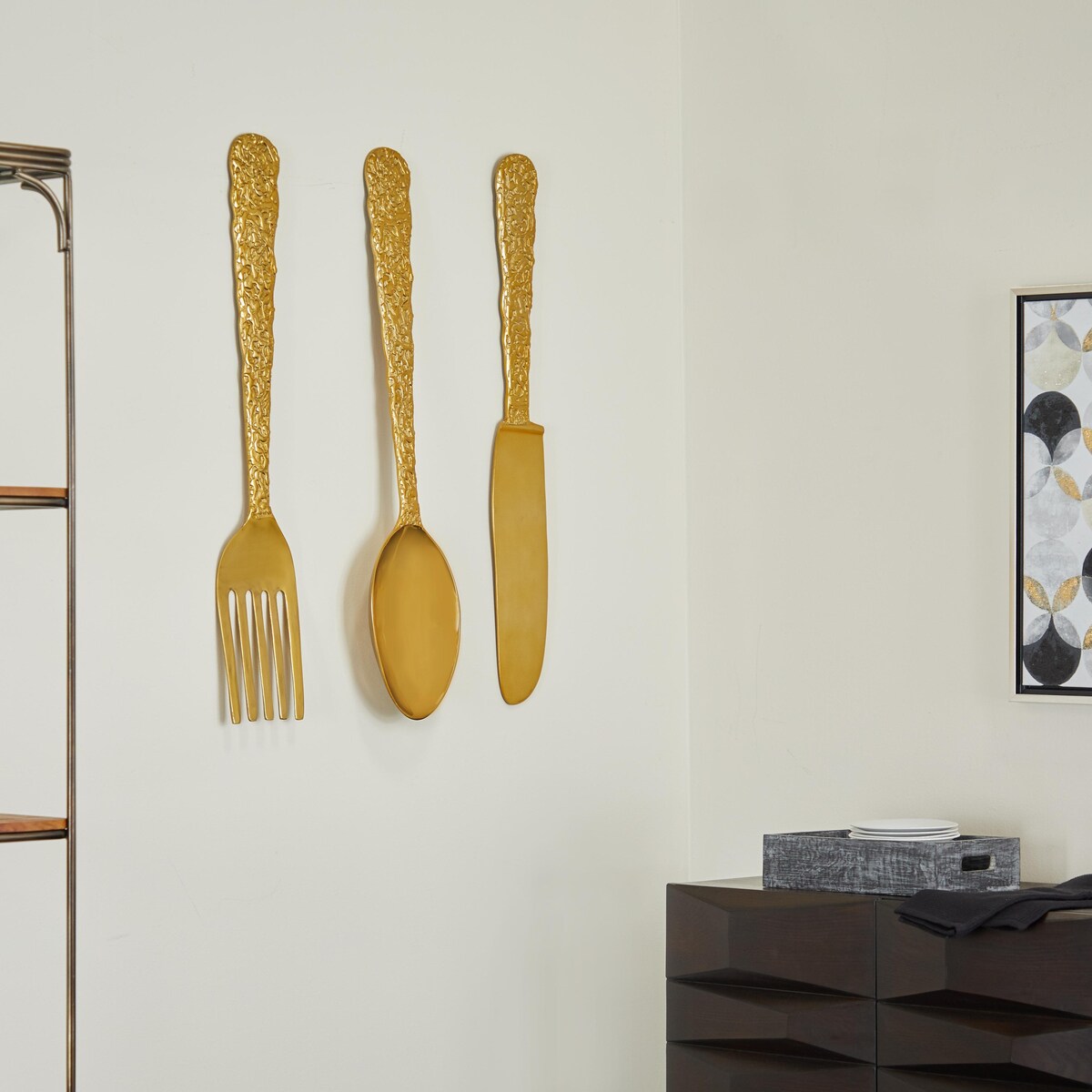 Aluminum Metal Utensils Knife, Spoon and Fork Home Wall Decor - Set of 3 Gold - Roche River Decor