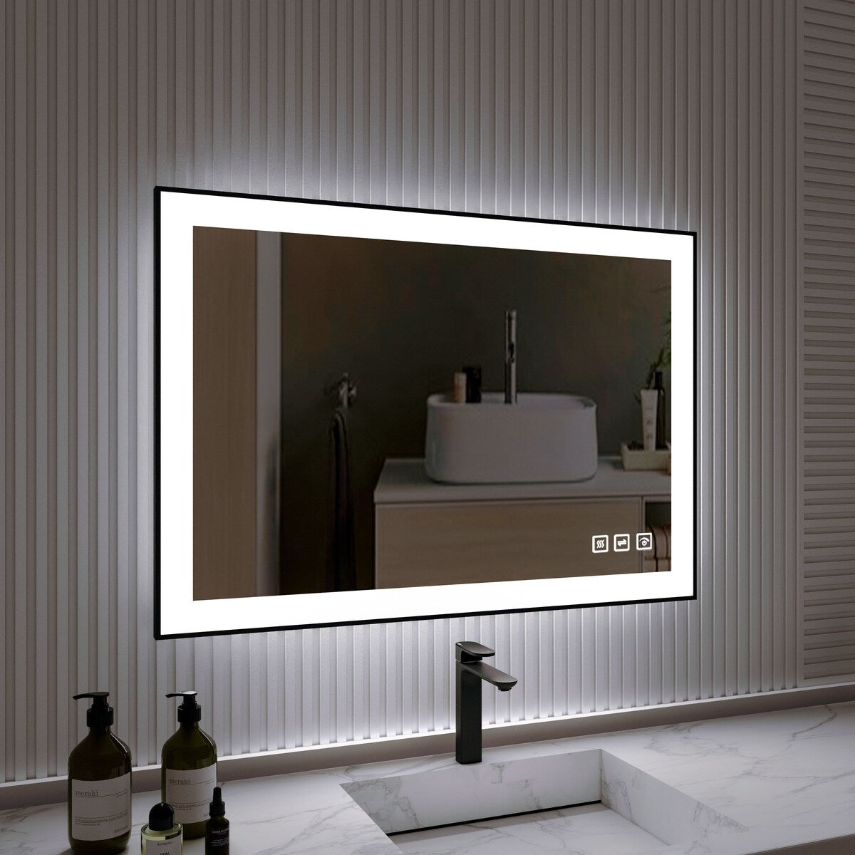 Organnice Rectangular Framed LED Anti-Fog Bathroom Wall Mirror in Black with Backlit and Front Light