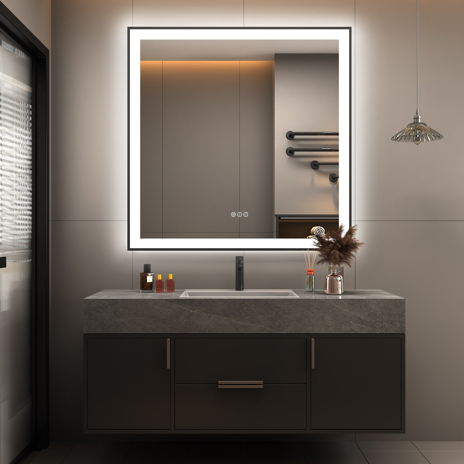 Apmir Metal Black Frame Back & Front LED Lighted Bathroom Vanity Mirror with Anti-Fog Tempered Glass