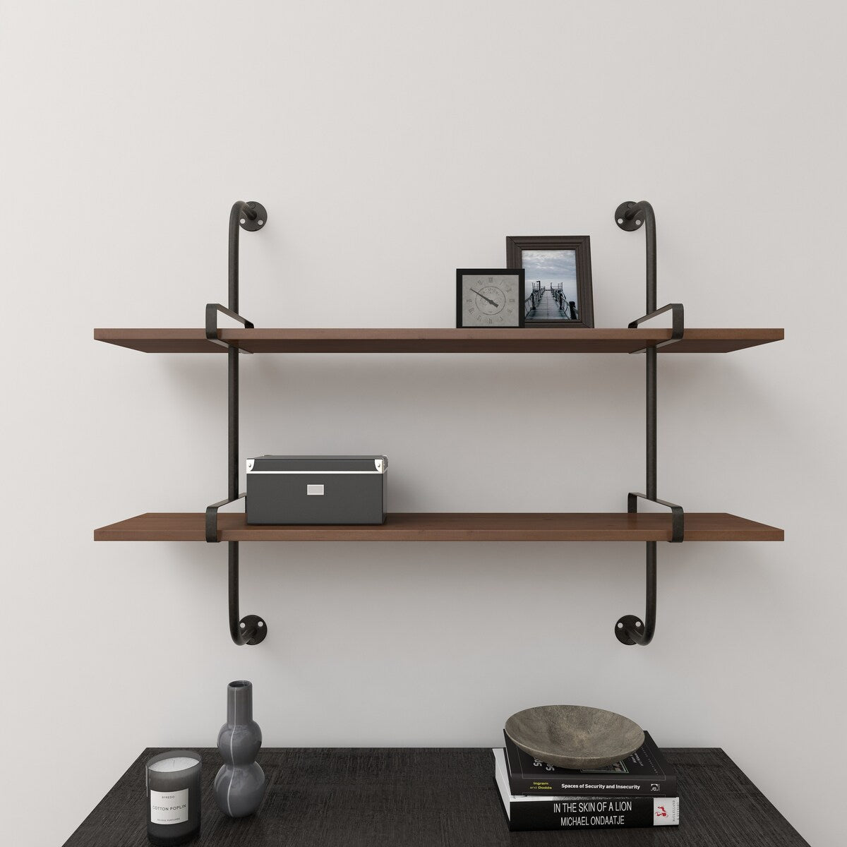 Wood 2 or 3 Level Wall Shelf with Black Metal Brackets - Brown or Gray - Roche River Decor