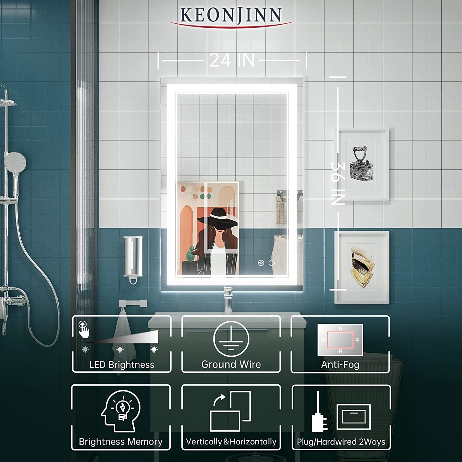 KEONJINN LED Bathroom Vanity Mirror Wall Mounted Anti-Fog Dimmable Mirror