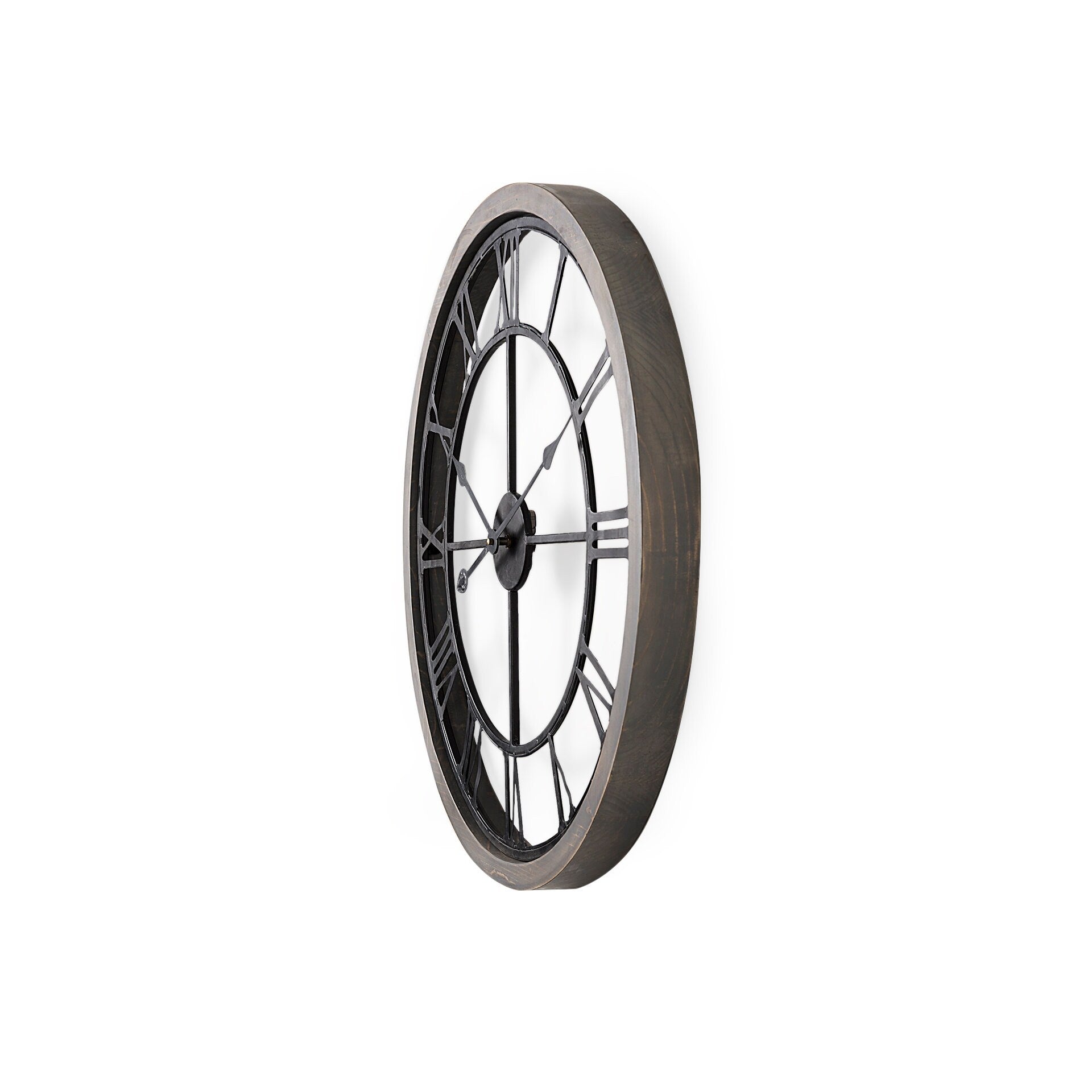 Mething Gray Wood and Black Metal 25 Round Wall Clock - 24.8W x 2D x 25H