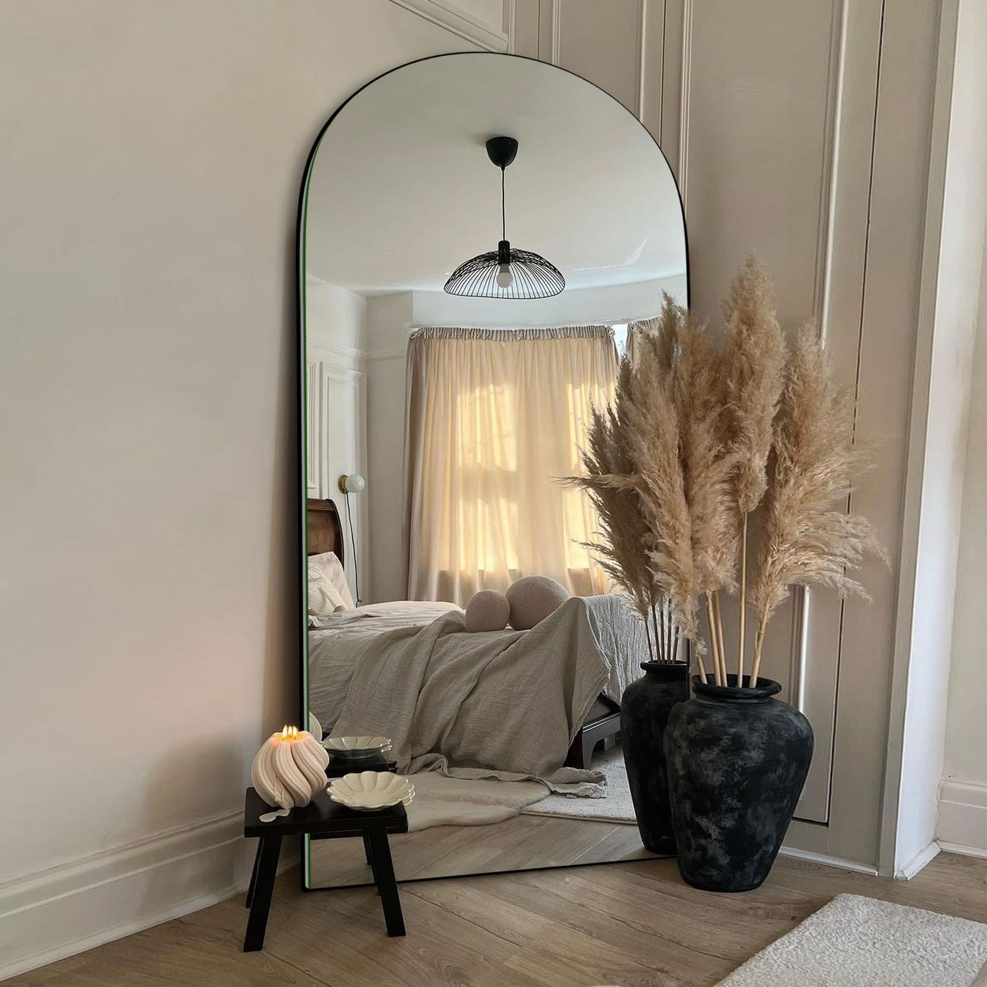 Modern Arched Full-Length Wood Floor Standing Mirror